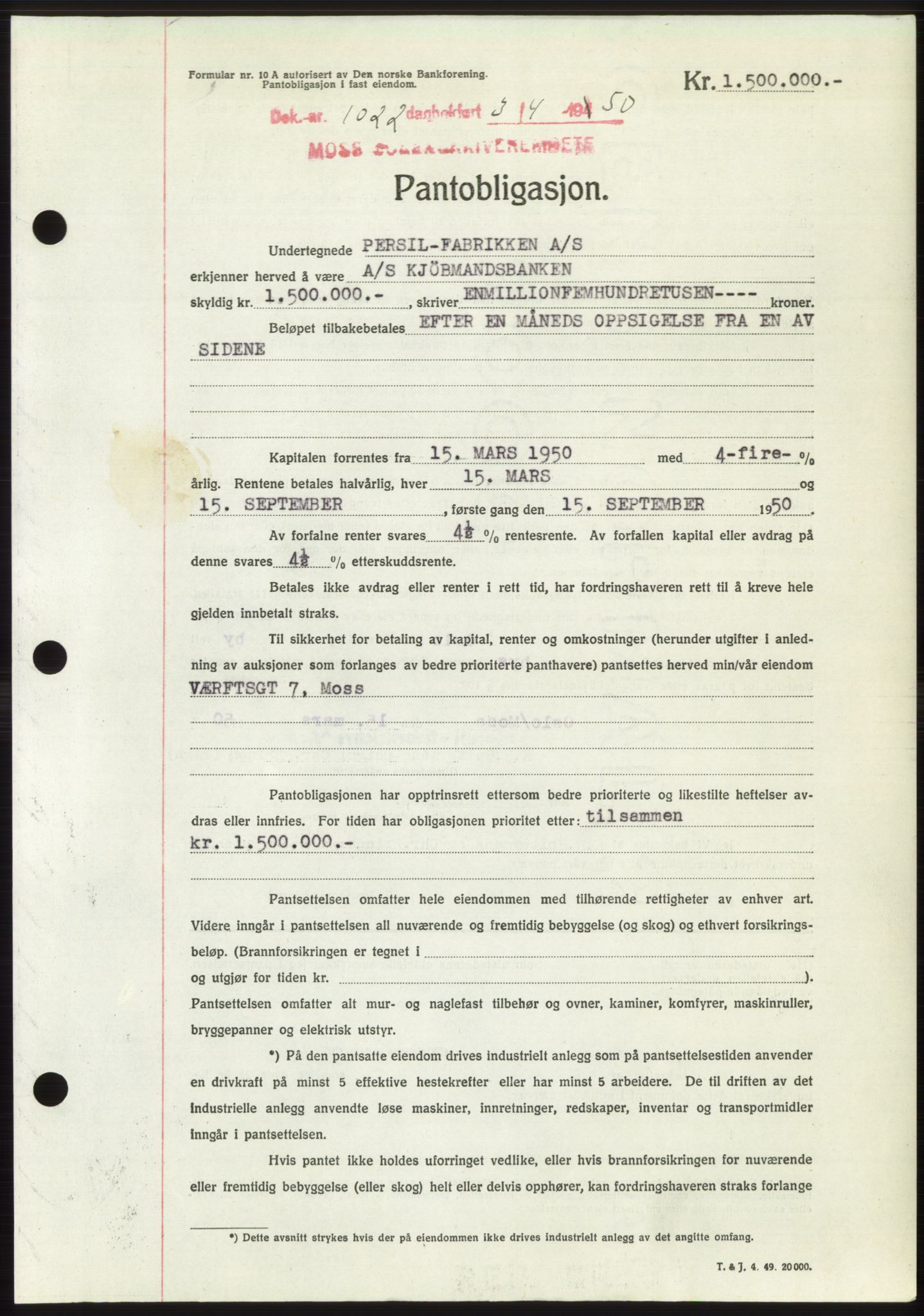 Moss sorenskriveri, AV/SAO-A-10168: Mortgage book no. B24, 1950-1950, Diary no: : 1022/1950