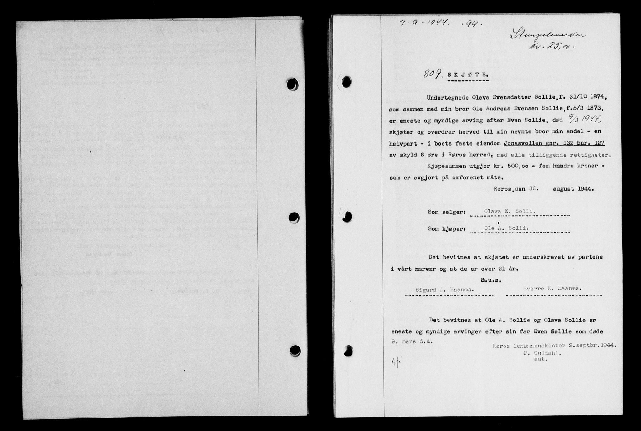Gauldal sorenskriveri, SAT/A-0014/1/2/2C/L0058: Mortgage book no. 63, 1944-1945, Diary no: : 809/1944