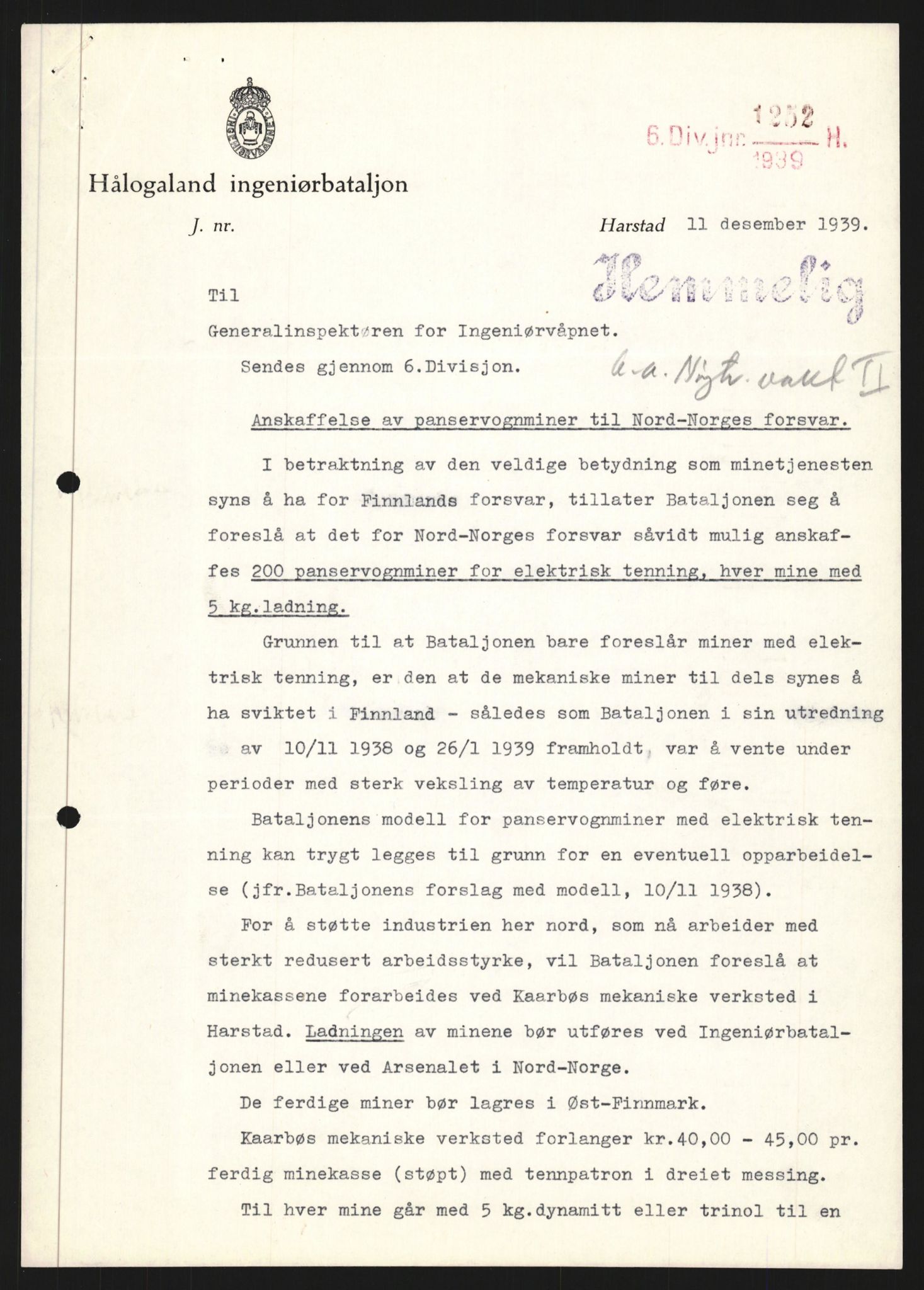 Forsvaret, Forsvarets krigshistoriske avdeling, AV/RA-RAFA-2017/Y/Yb/L0131: II-C-11-600  -  6. Divisjon / 6. Distriktskommando, 1936-1970, p. 825