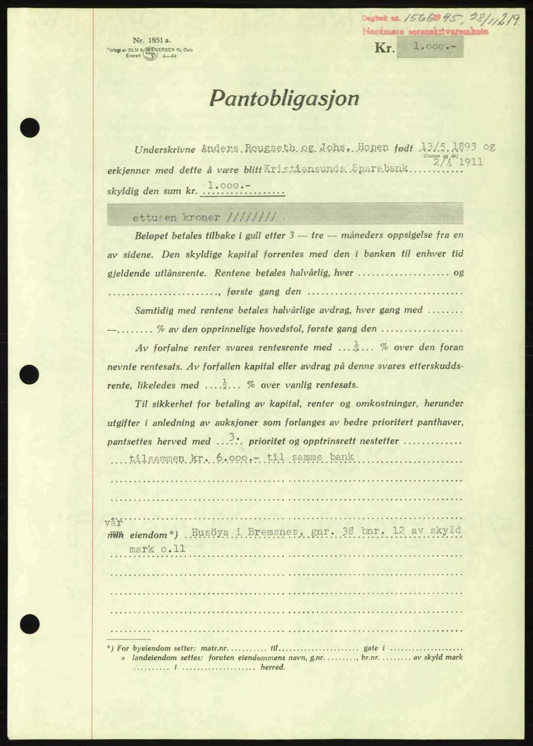 Nordmøre sorenskriveri, AV/SAT-A-4132/1/2/2Ca: Mortgage book no. B93a, 1945-1945, Diary no: : 1566/1945