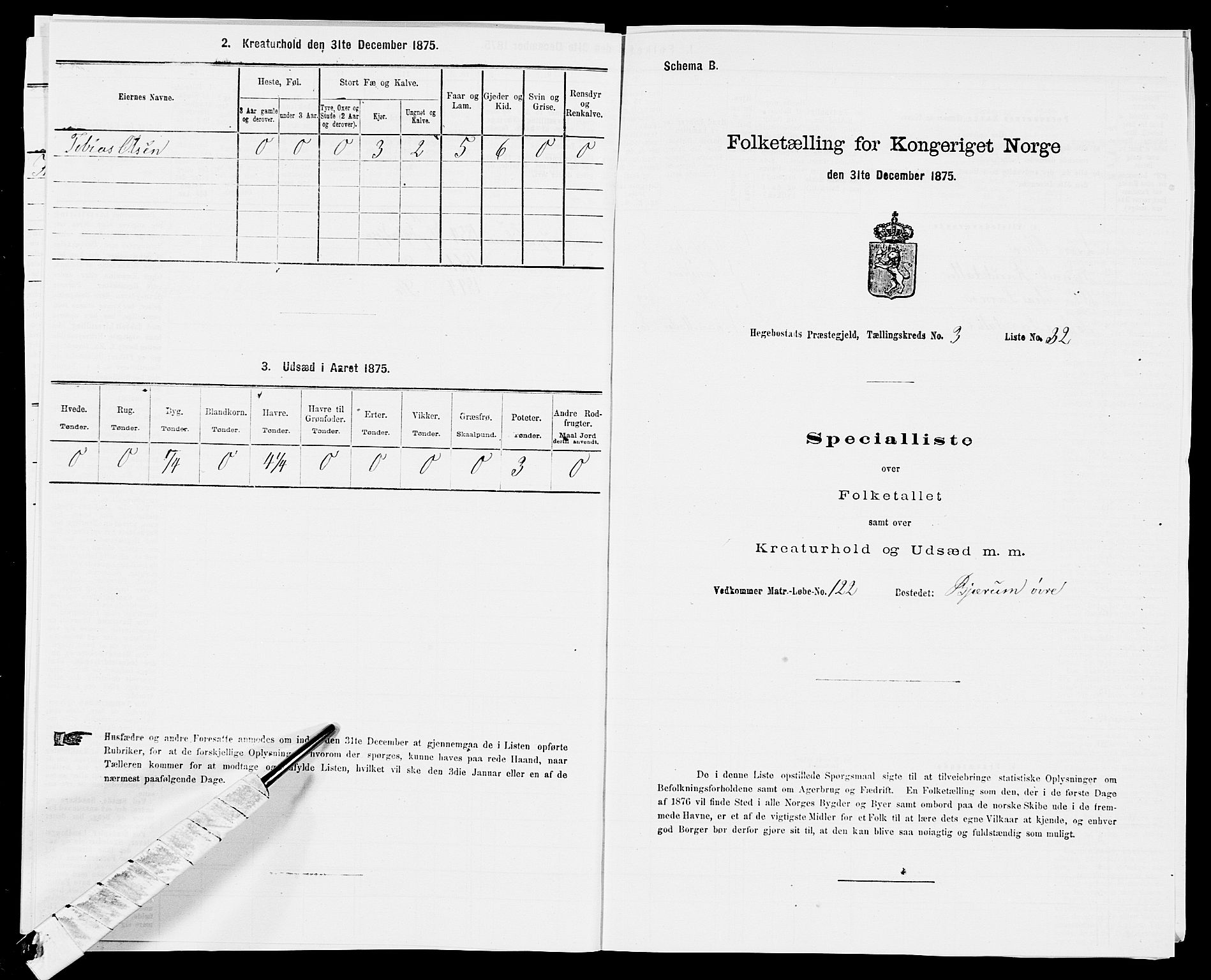 SAK, 1875 census for 1034P Hægebostad, 1875, p. 264