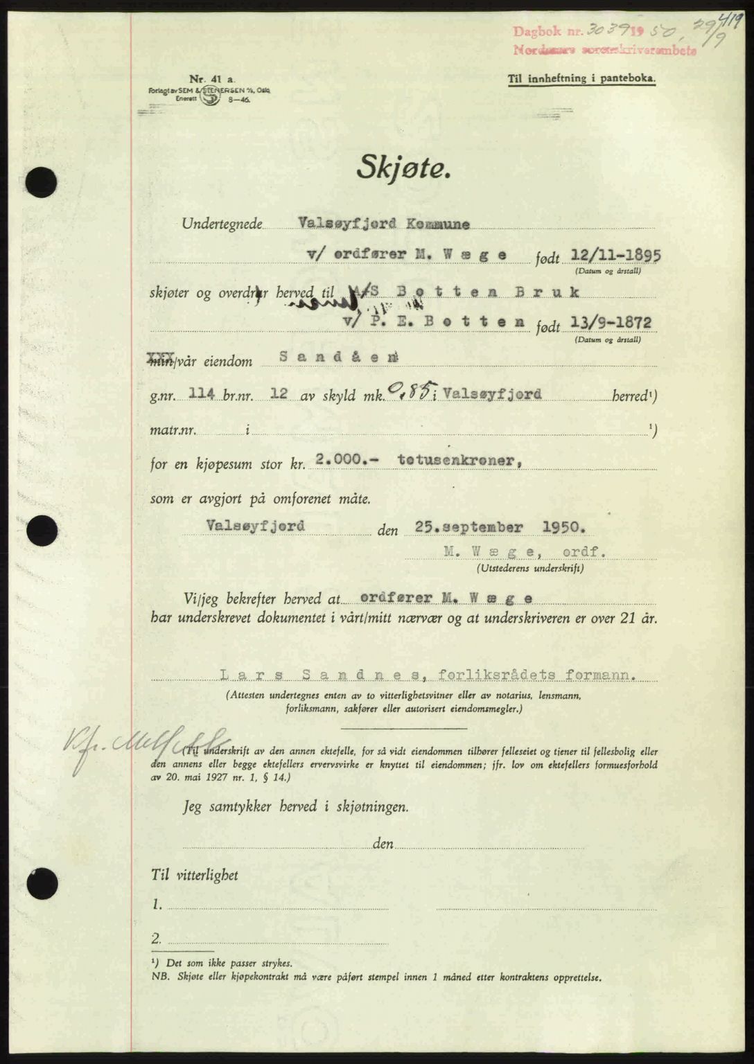 Nordmøre sorenskriveri, AV/SAT-A-4132/1/2/2Ca: Mortgage book no. A116, 1950-1950, Diary no: : 3039/1950