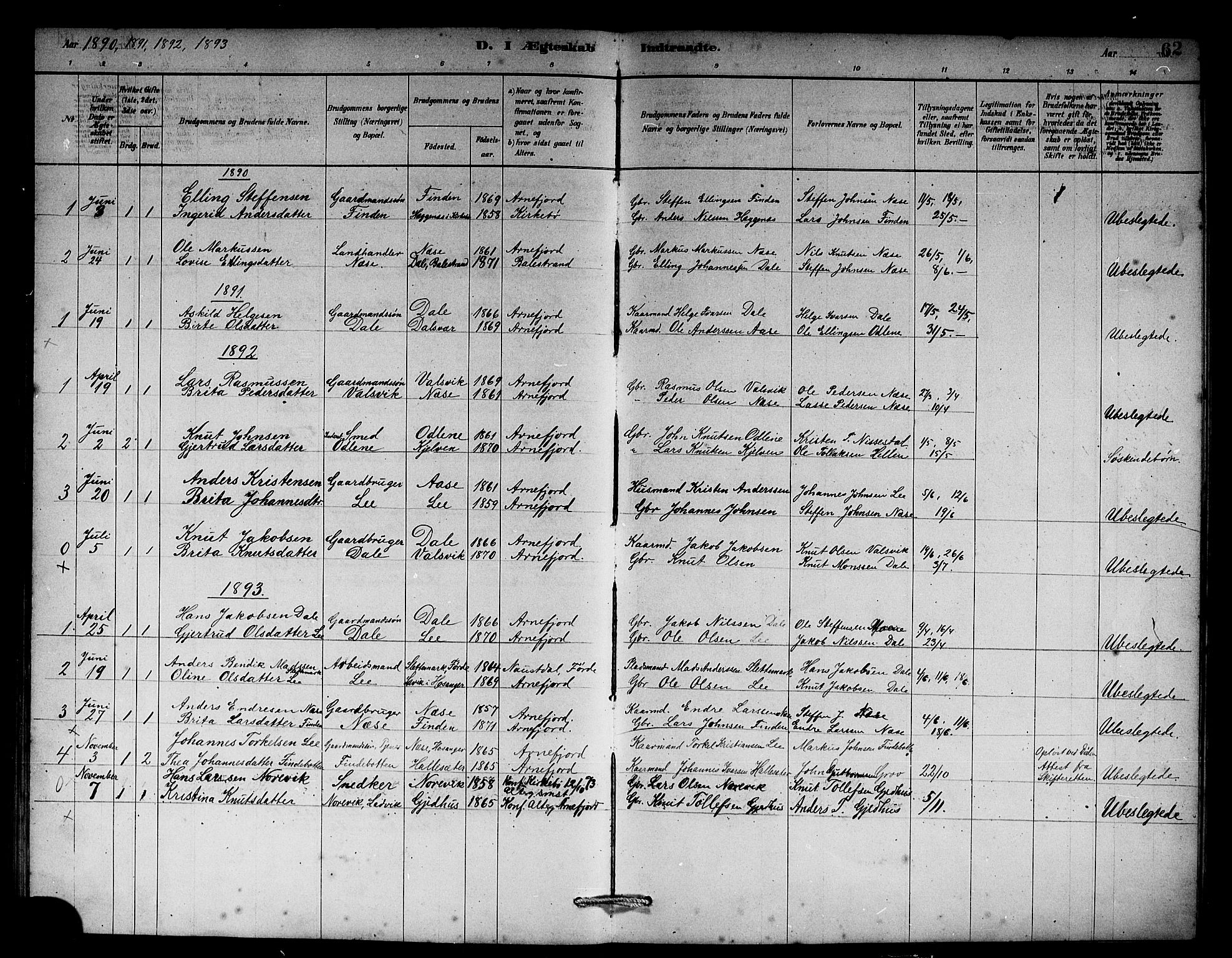 Vik sokneprestembete, AV/SAB-A-81501/H/Hab/Habb/L0002: Parish register (copy) no. B 2, 1878-1893, p. 62