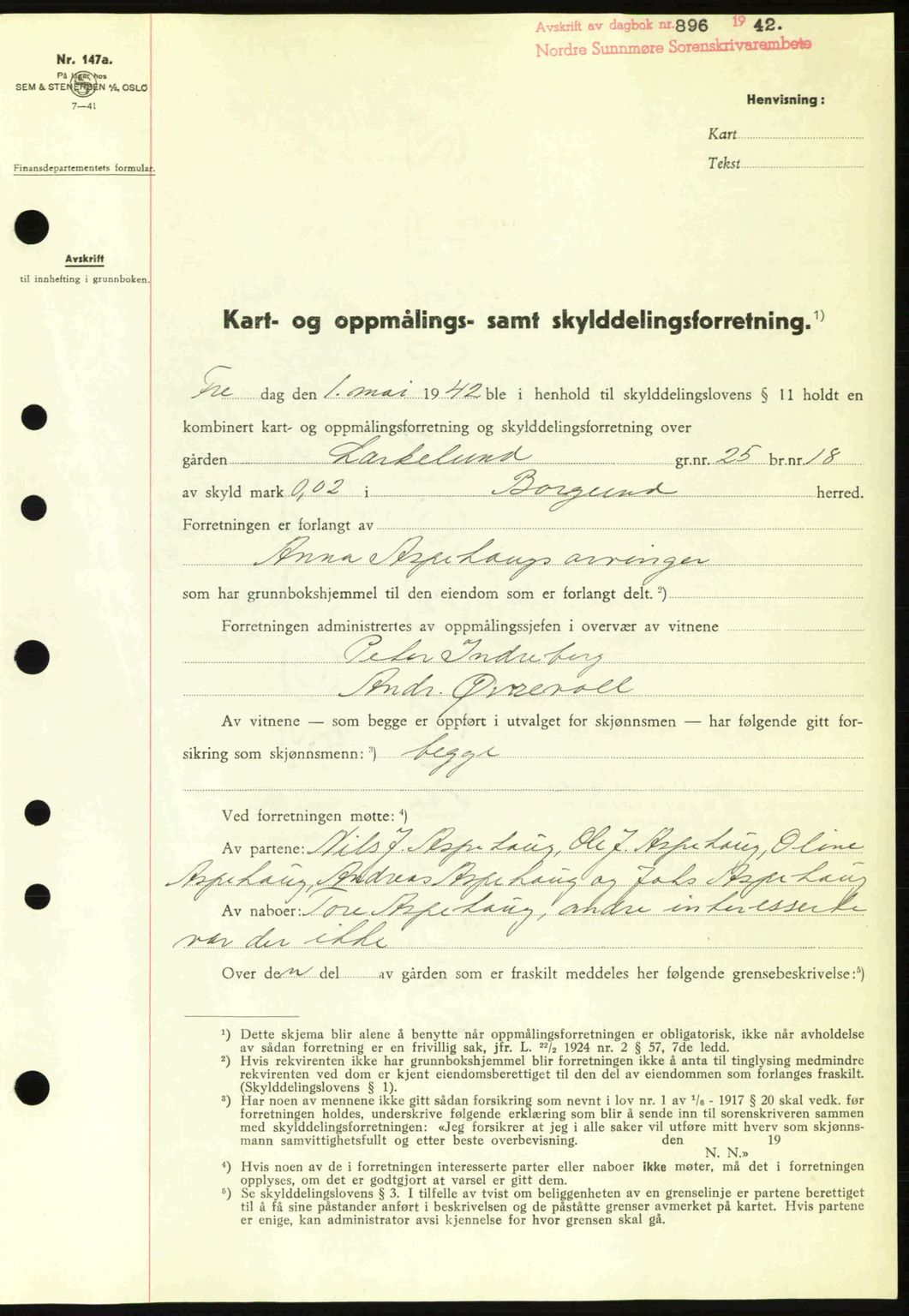 Nordre Sunnmøre sorenskriveri, AV/SAT-A-0006/1/2/2C/2Ca: Mortgage book no. A13, 1942-1942, Diary no: : 896/1942