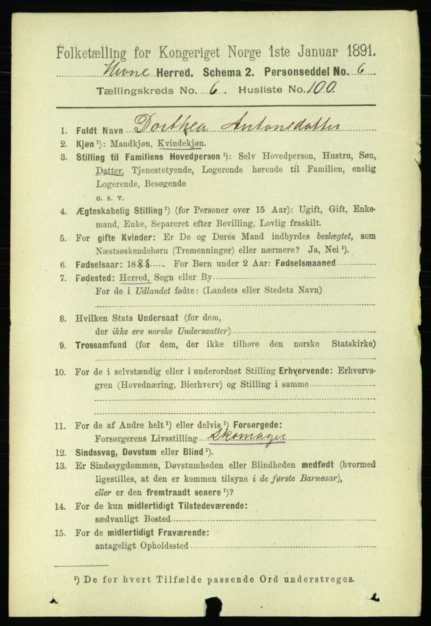 RA, 1891 census for 1612 Hemne, 1891, p. 4045