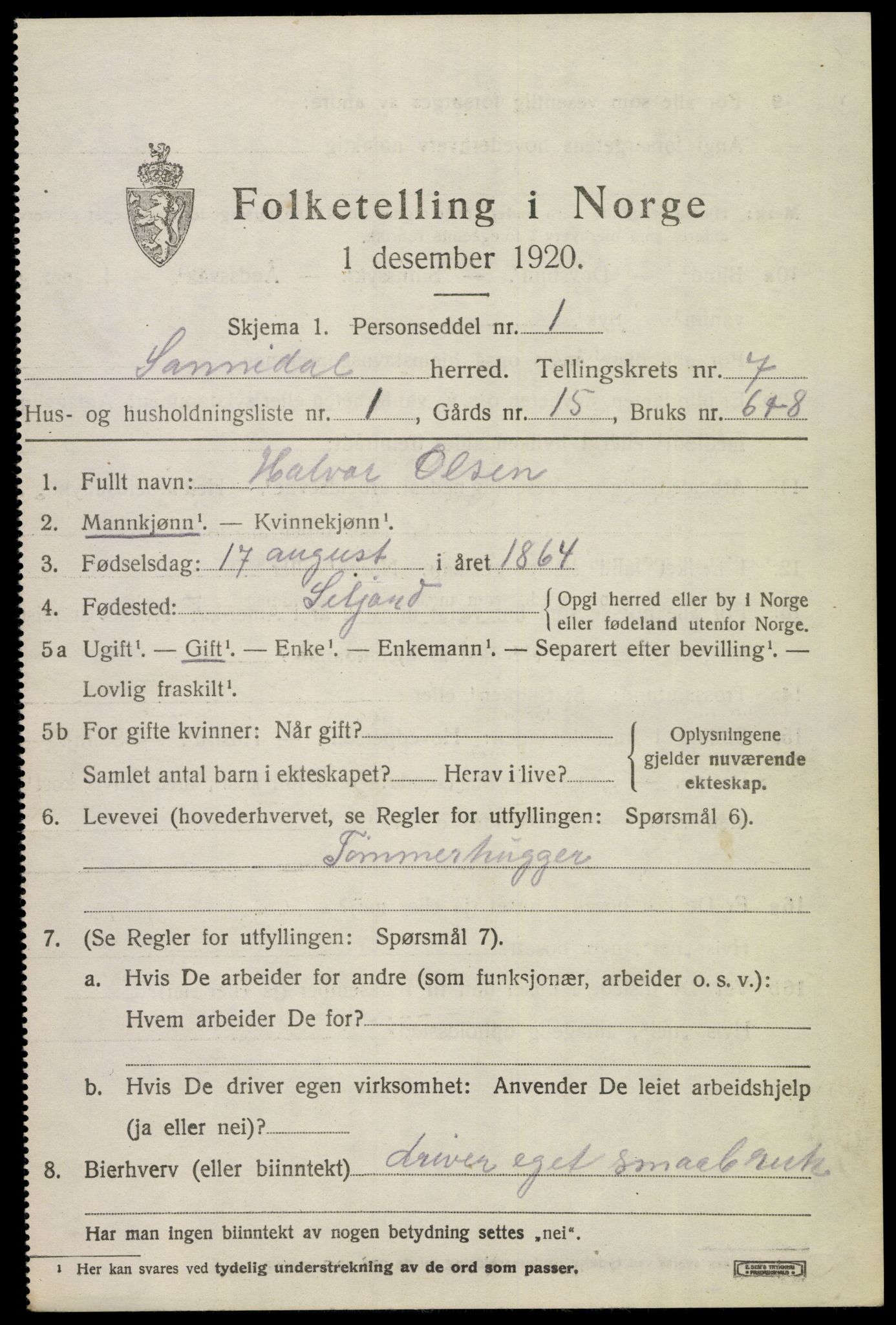 SAKO, 1920 census for Sannidal, 1920, p. 4913