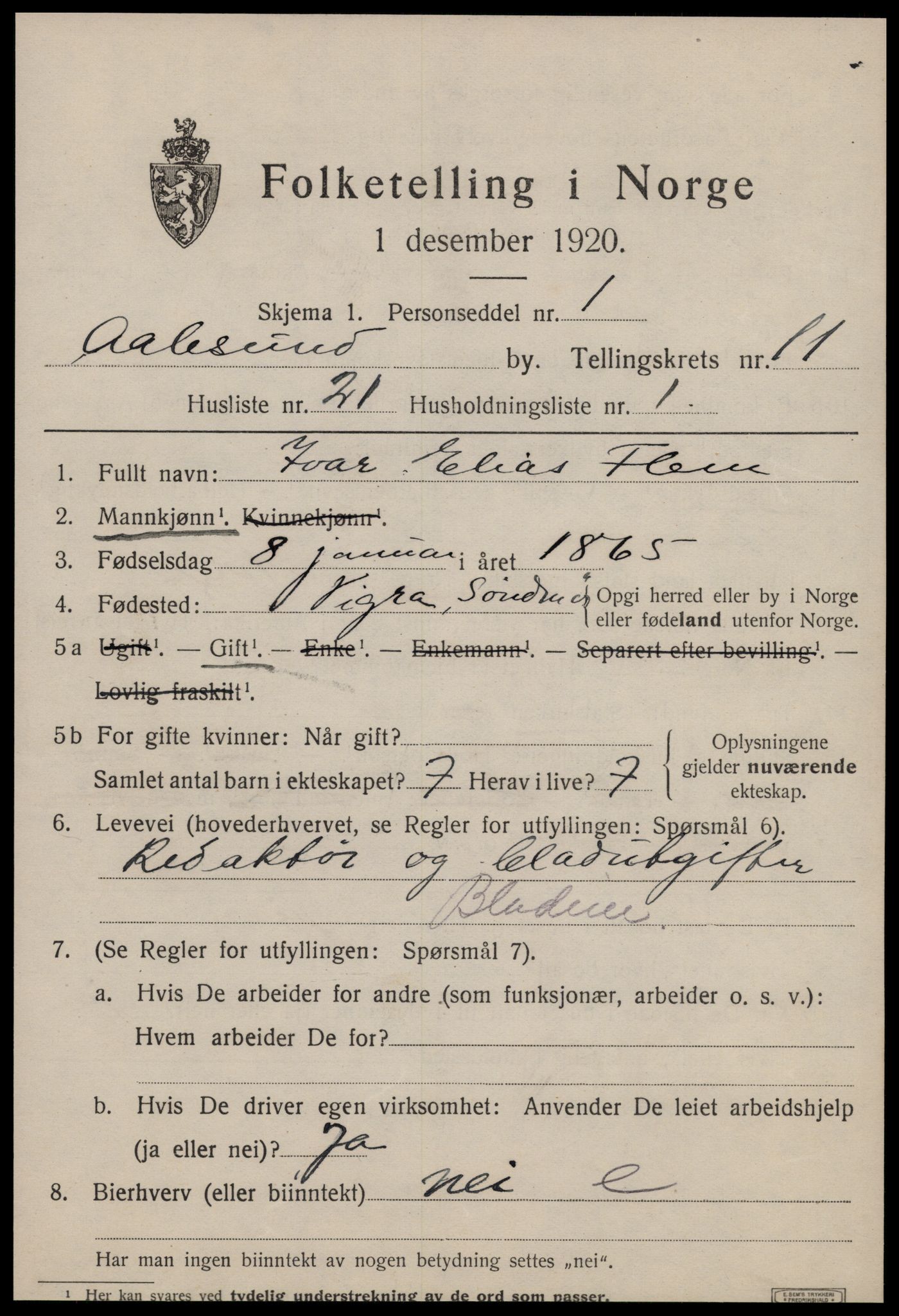 SAT, 1920 census for Ålesund, 1920, p. 25240