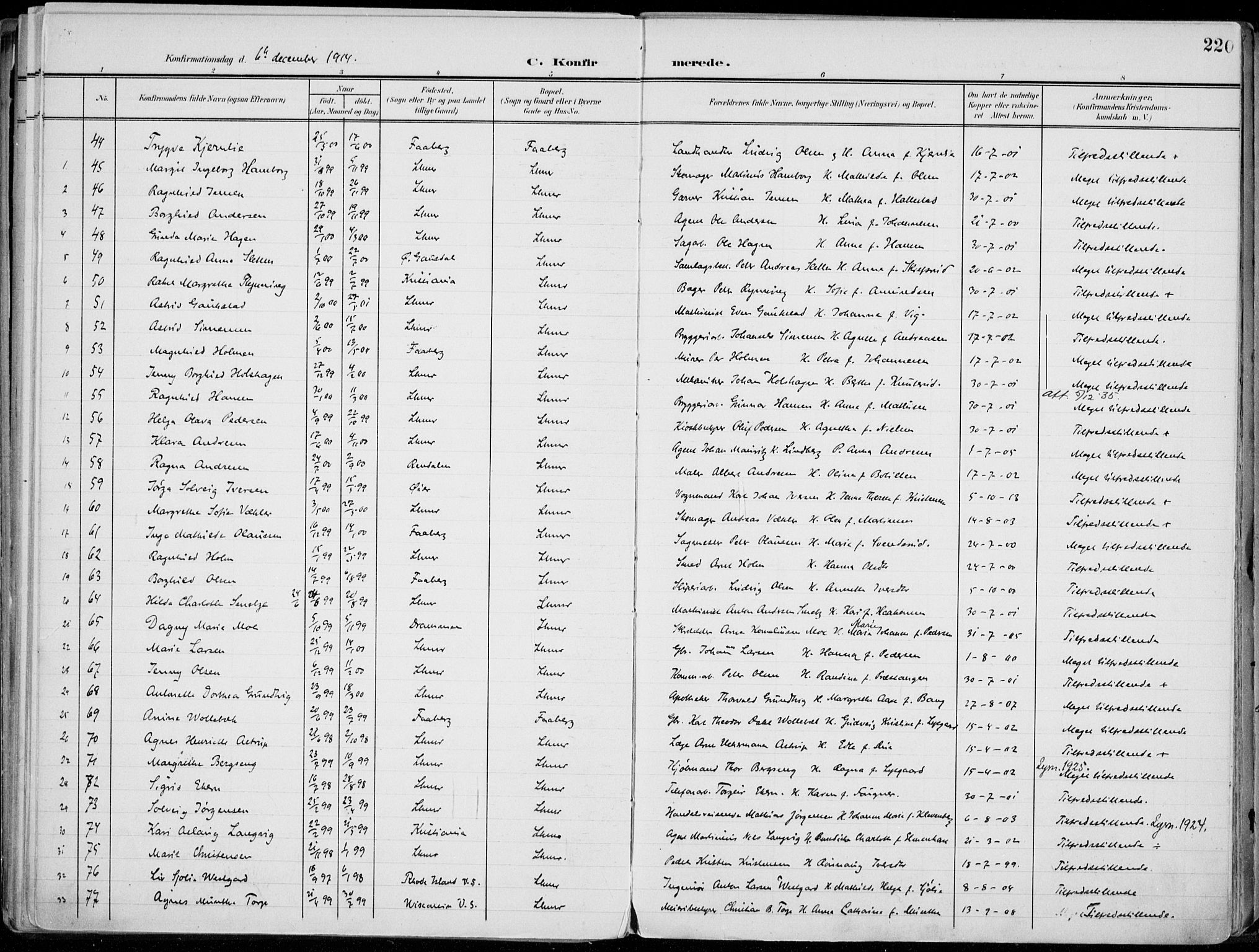 Lillehammer prestekontor, SAH/PREST-088/H/Ha/Haa/L0001: Parish register (official) no. 1, 1901-1916, p. 220