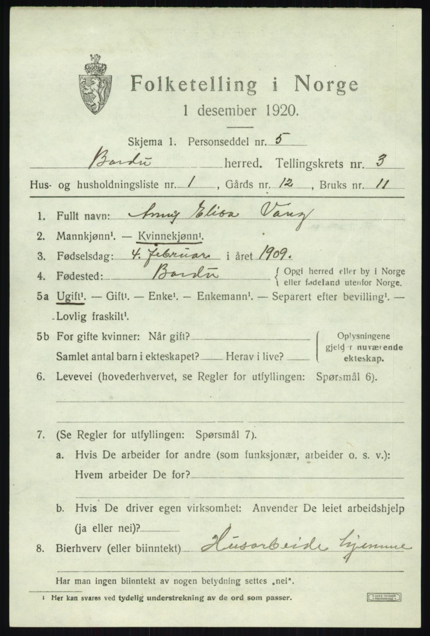 SATØ, 1920 census for Bardu, 1920, p. 1165