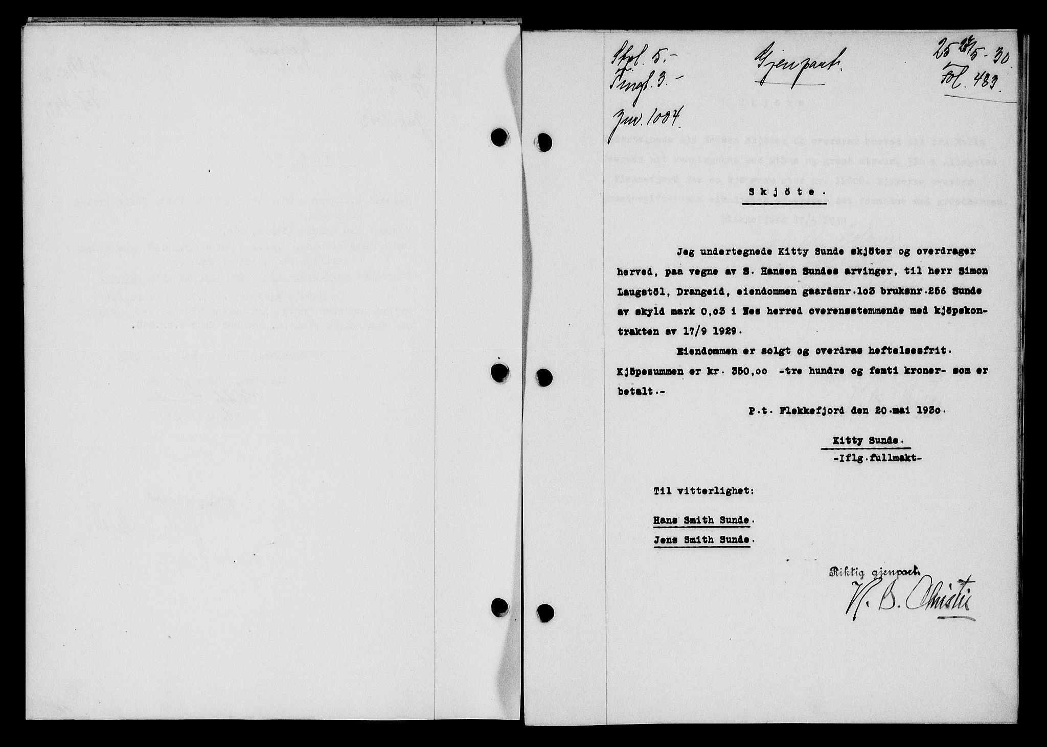 Flekkefjord sorenskriveri, SAK/1221-0001/G/Gb/Gba/L0045: Mortgage book no. 43, 1929-1930, Deed date: 27.05.1930