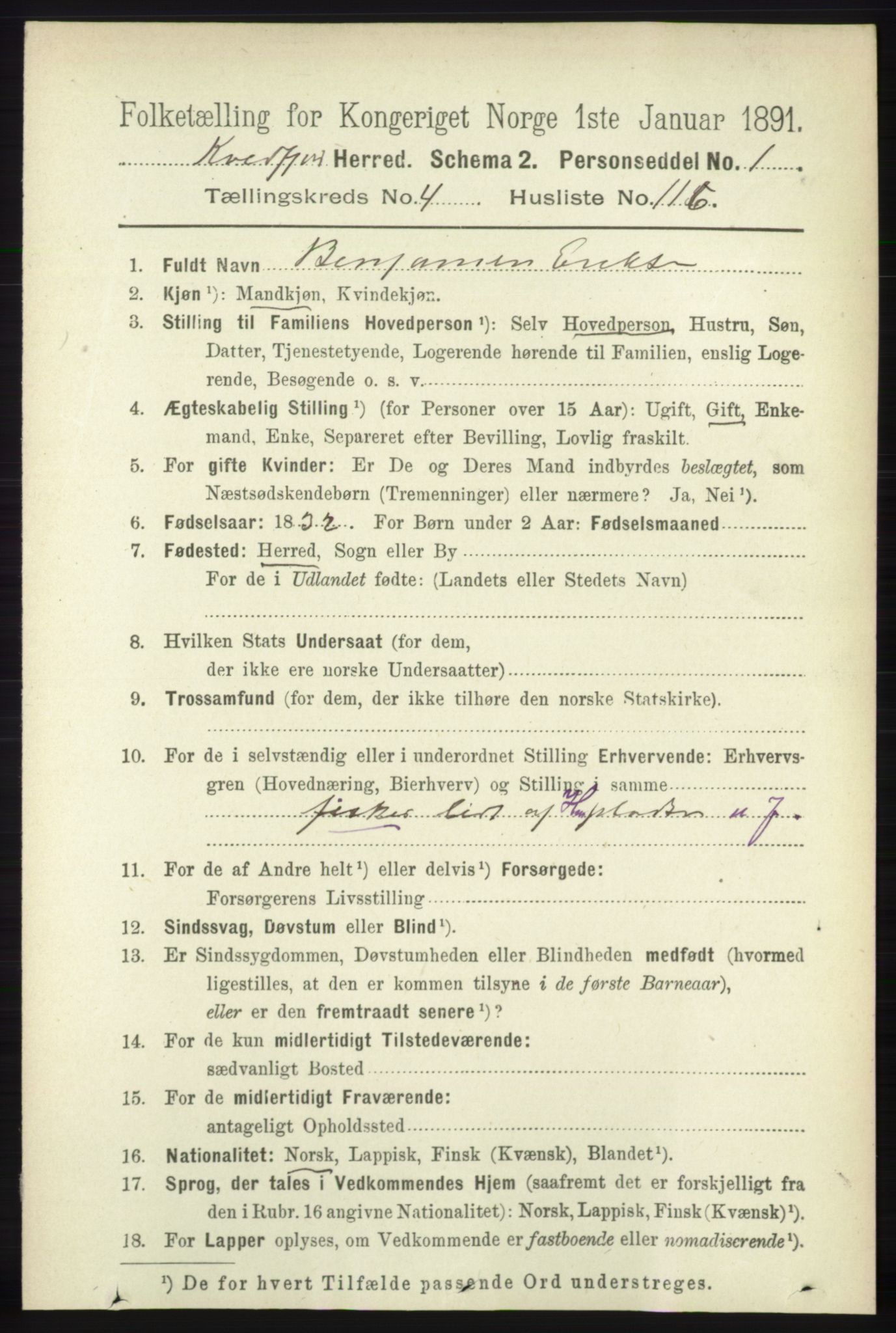 RA, 1891 census for 1911 Kvæfjord, 1891, p. 2637