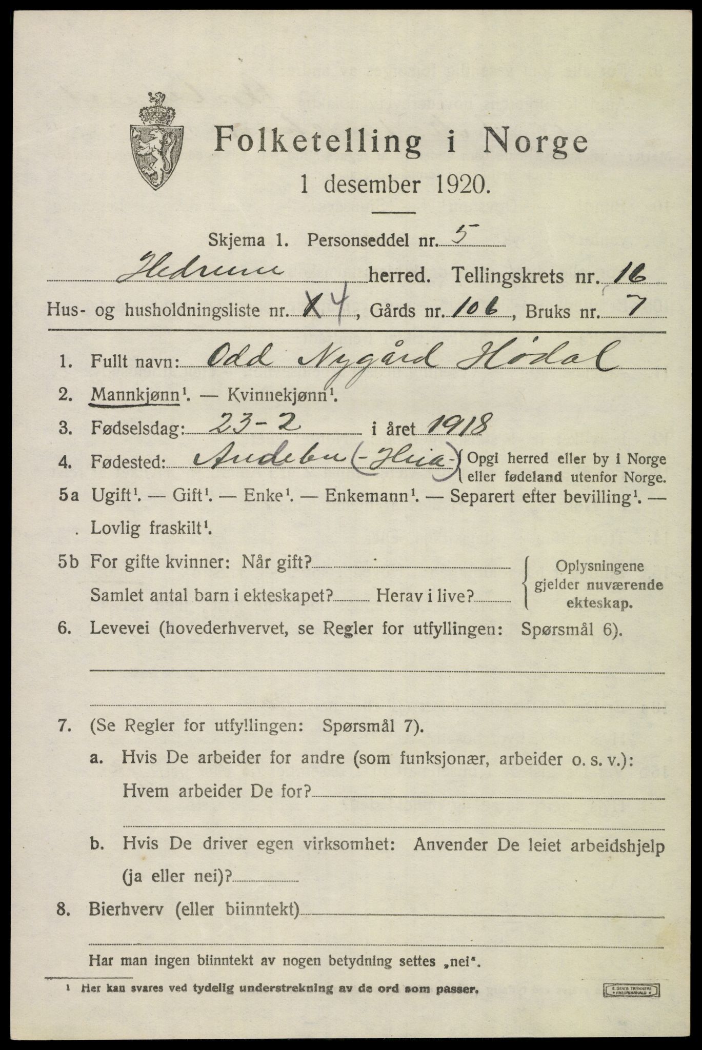 SAKO, 1920 census for Hedrum, 1920, p. 10281