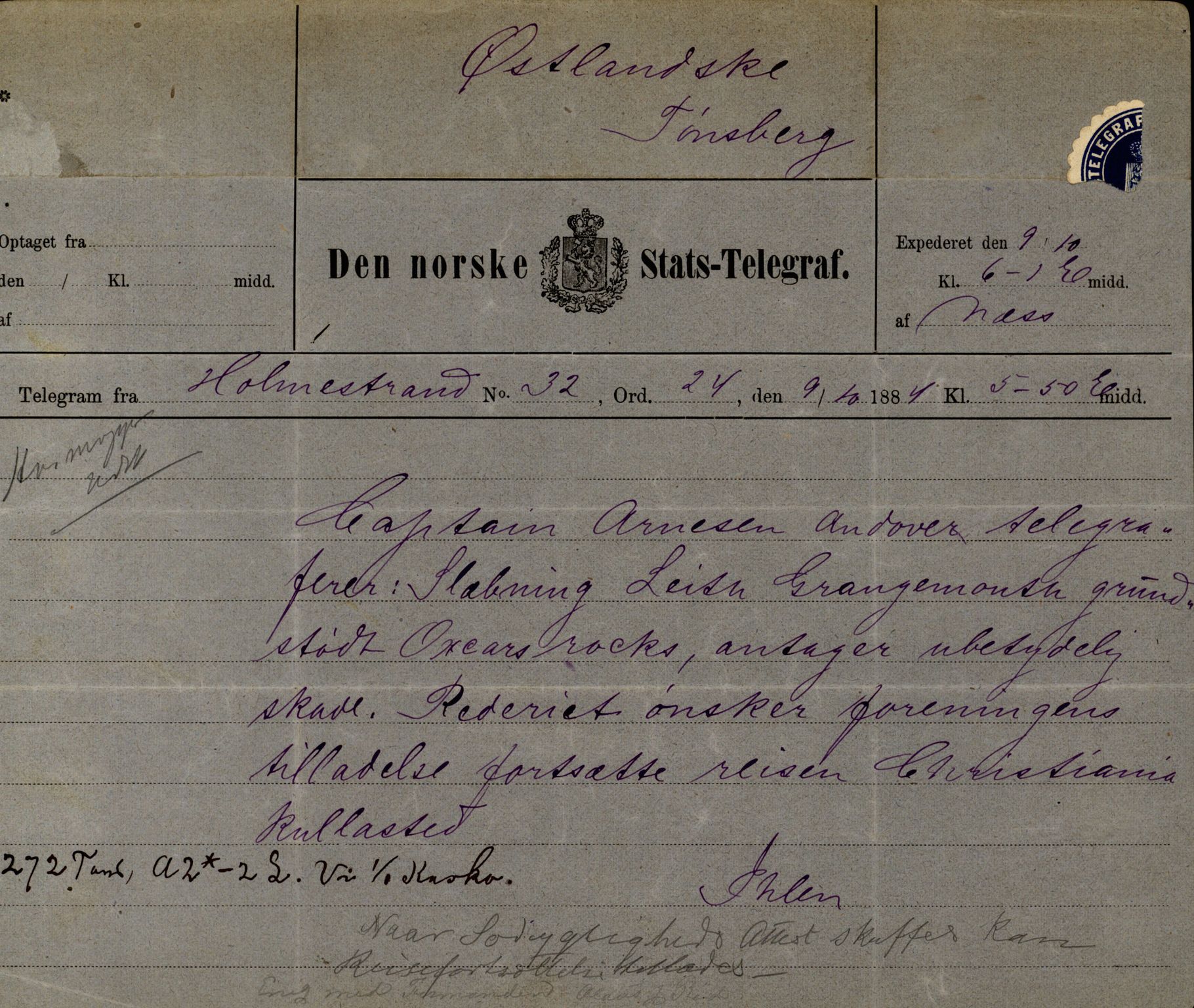 Pa 63 - Østlandske skibsassuranceforening, VEMU/A-1079/G/Ga/L0017/0011: Havaridokumenter / Andover, Amicitia, Bratsberg, Ganger Rolf, 1884, p. 2