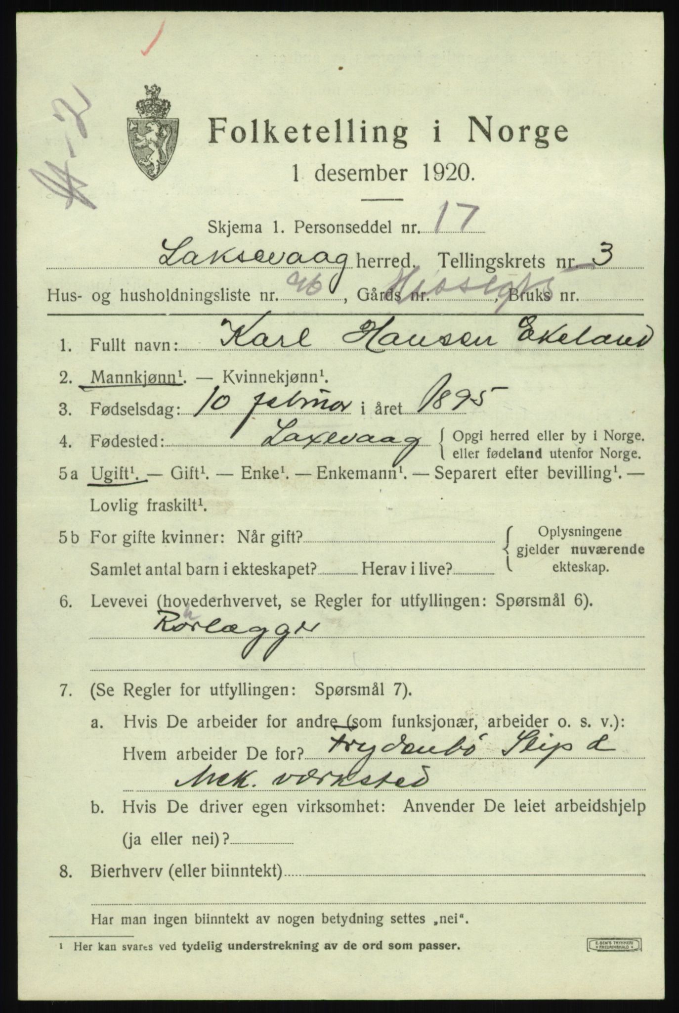 SAB, 1920 census for Laksevåg, 1920, p. 11026