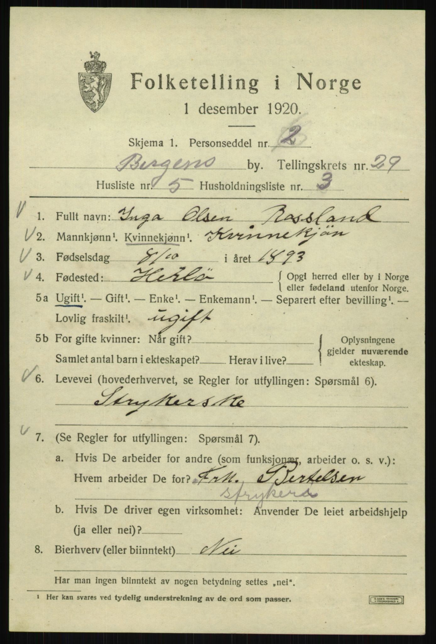 SAB, 1920 census for Bergen, 1920, p. 94003