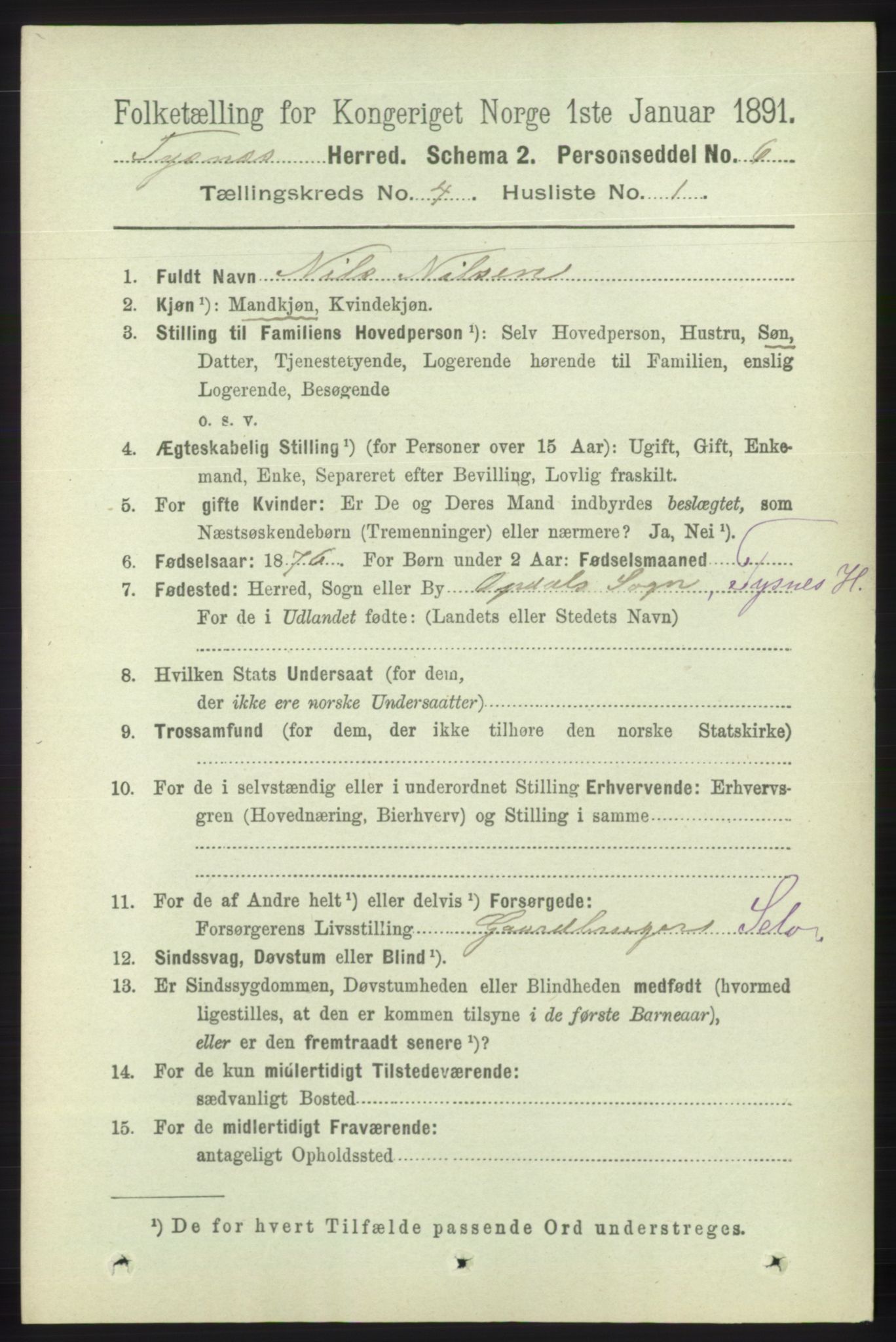 RA, 1891 census for 1223 Tysnes, 1891, p. 1537