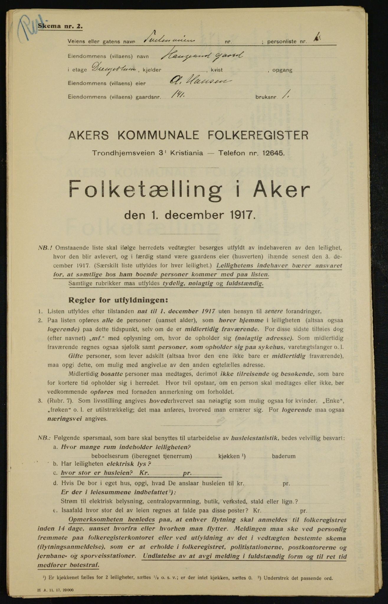 OBA, Municipal Census 1917 for Aker, 1917, p. 27286