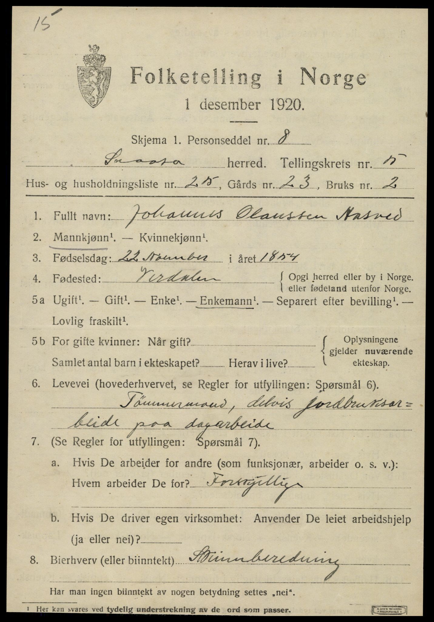 SAT, 1920 census for Snåsa, 1920, p. 2558