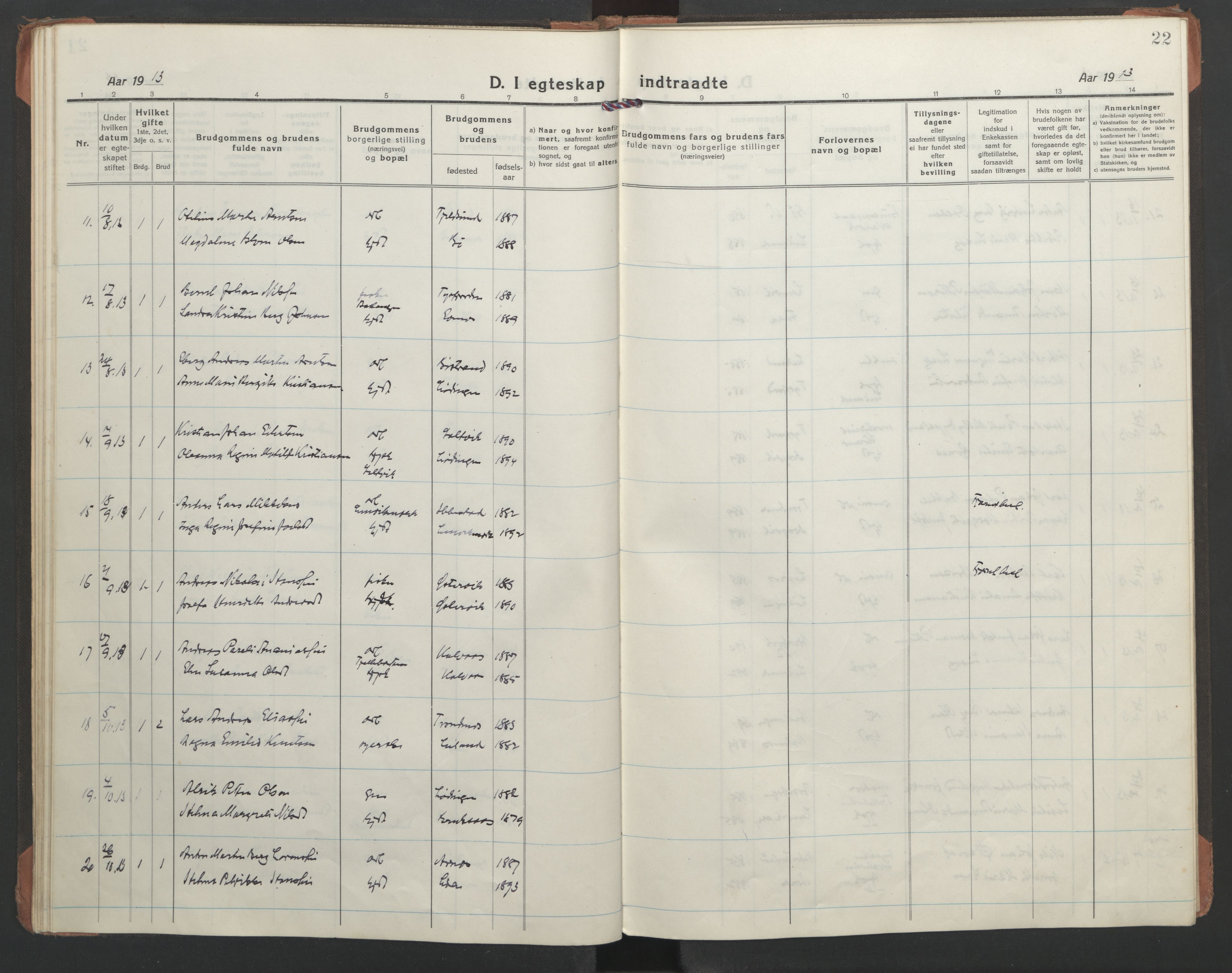 Ministerialprotokoller, klokkerbøker og fødselsregistre - Nordland, AV/SAT-A-1459/863/L0902: Parish register (official) no. 863A14, 1906-1937, p. 22