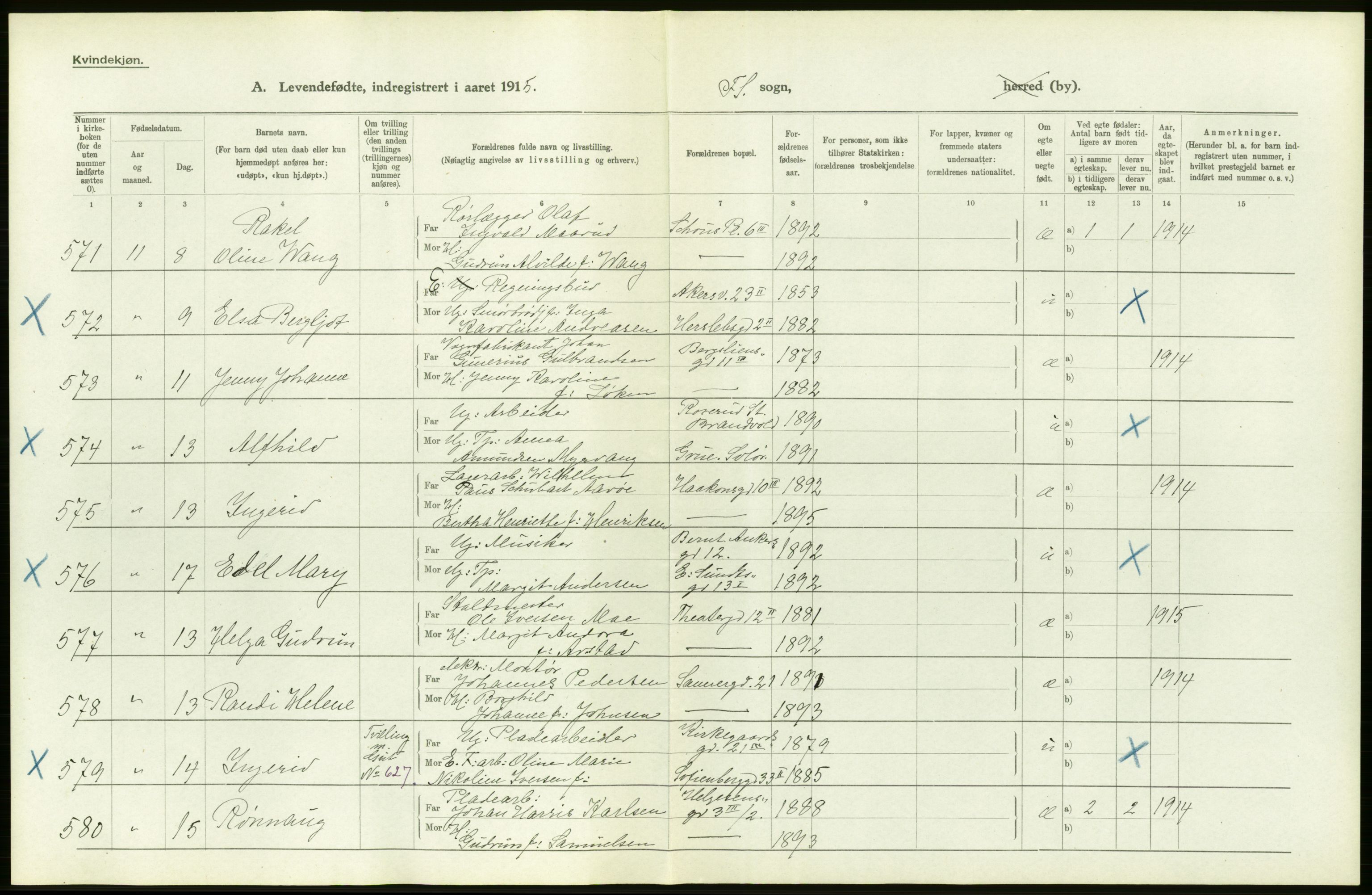 Statistisk sentralbyrå, Sosiodemografiske emner, Befolkning, AV/RA-S-2228/D/Df/Dfb/Dfbe/L0007: Kristiania: Levendefødte menn og kvinner., 1915, p. 18