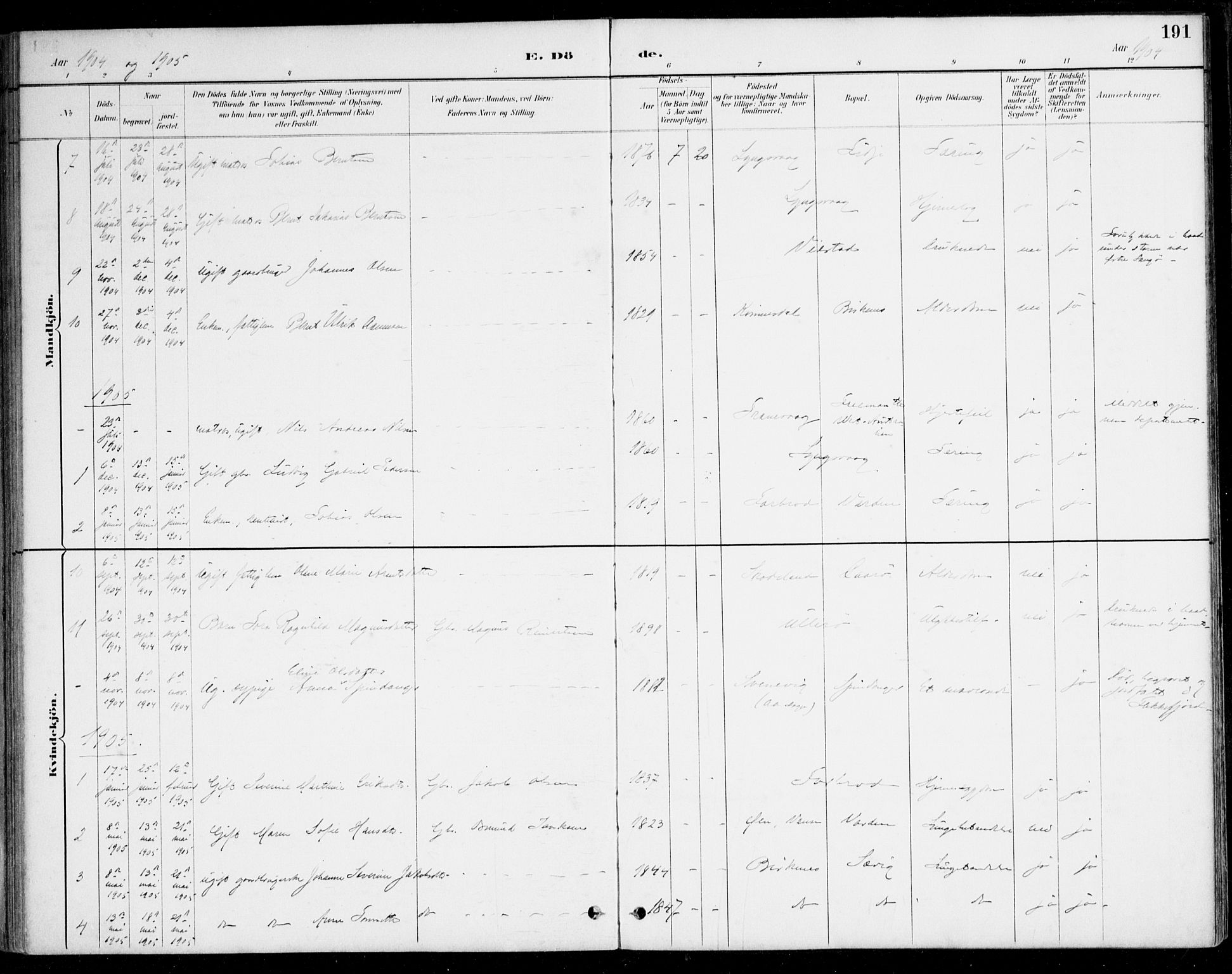 Herad sokneprestkontor, SAK/1111-0018/F/Fa/Fab/L0005: Parish register (official) no. A 5, 1886-1913, p. 191