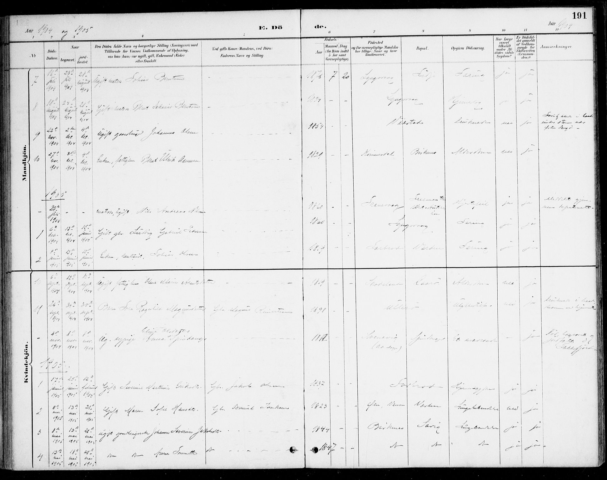 Herad sokneprestkontor, AV/SAK-1111-0018/F/Fa/Fab/L0005: Parish register (official) no. A 5, 1886-1913, p. 191