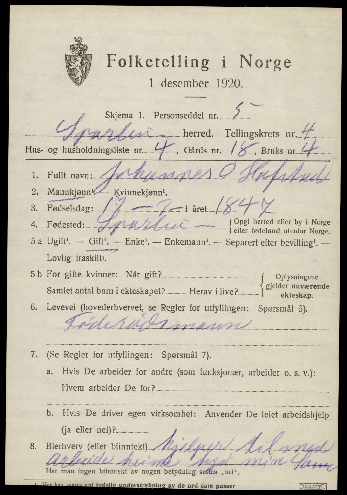 SAT, 1920 census for Sparbu, 1920, p. 5213