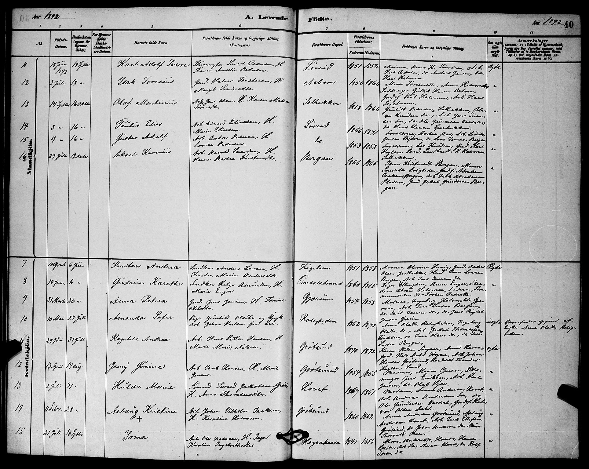 Solum kirkebøker, SAKO/A-306/G/Gb/L0003: Parish register (copy) no. II 3, 1880-1898, p. 40