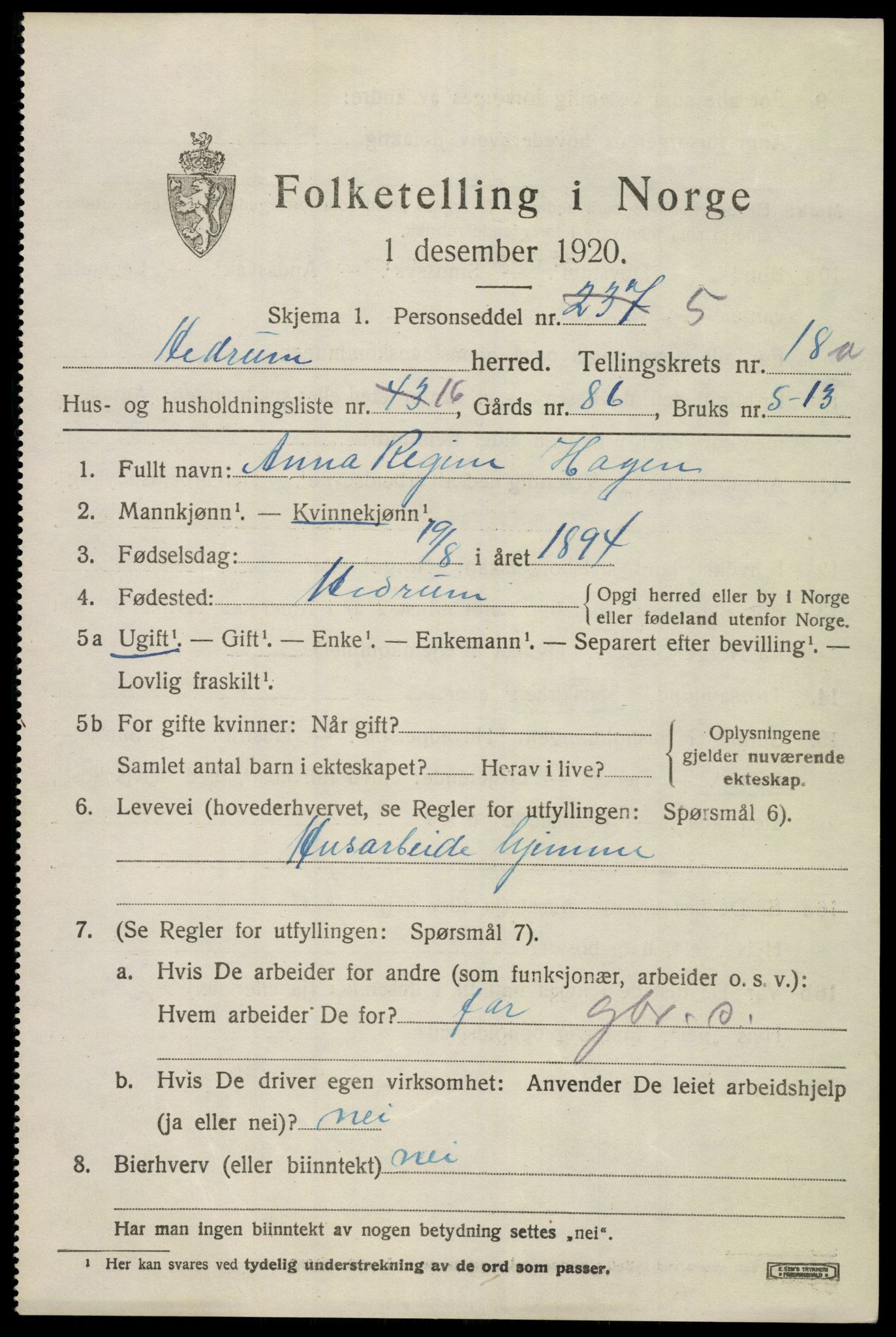 SAKO, 1920 census for Hedrum, 1920, p. 10979