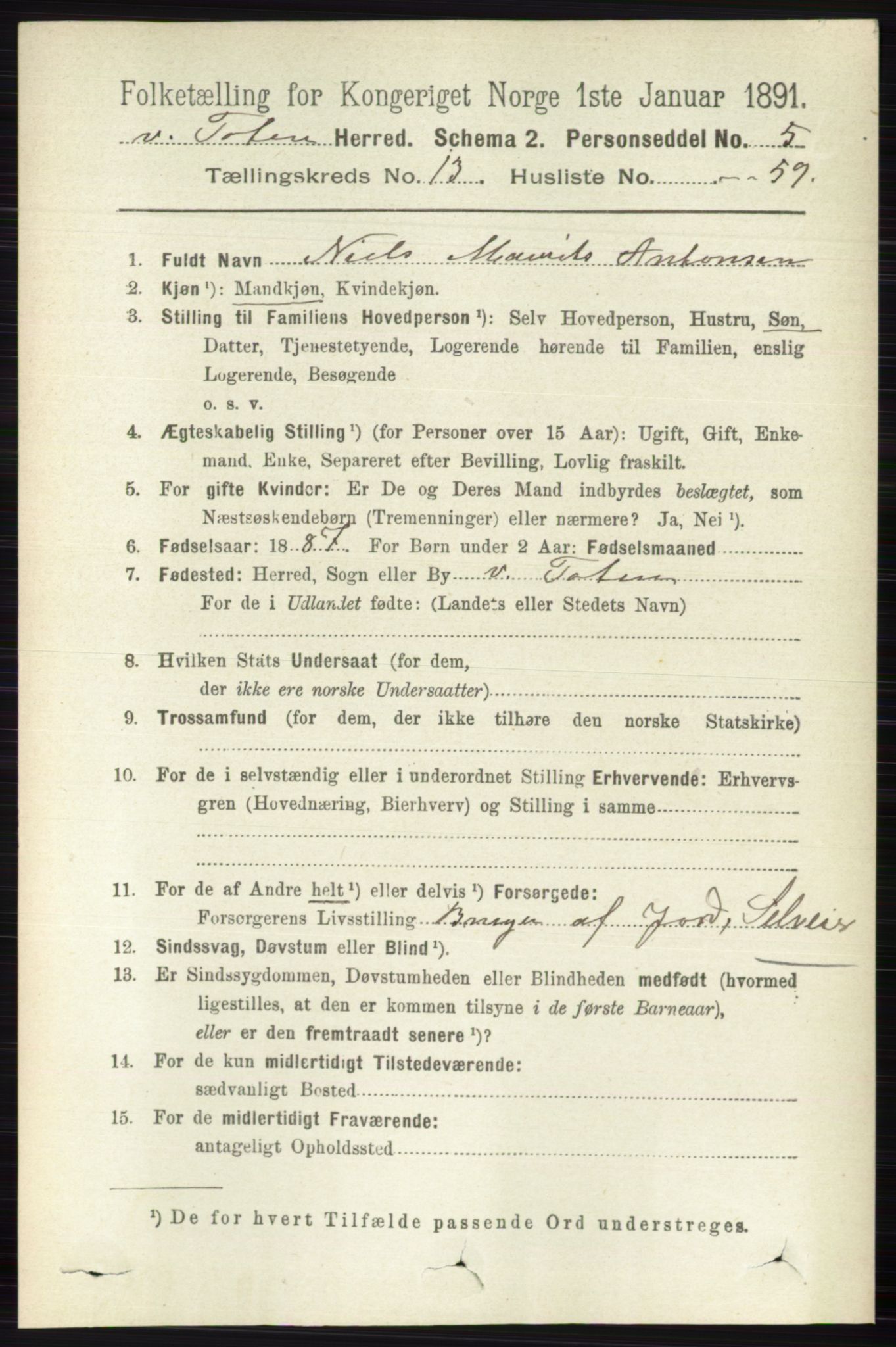 RA, 1891 census for 0529 Vestre Toten, 1891, p. 8117