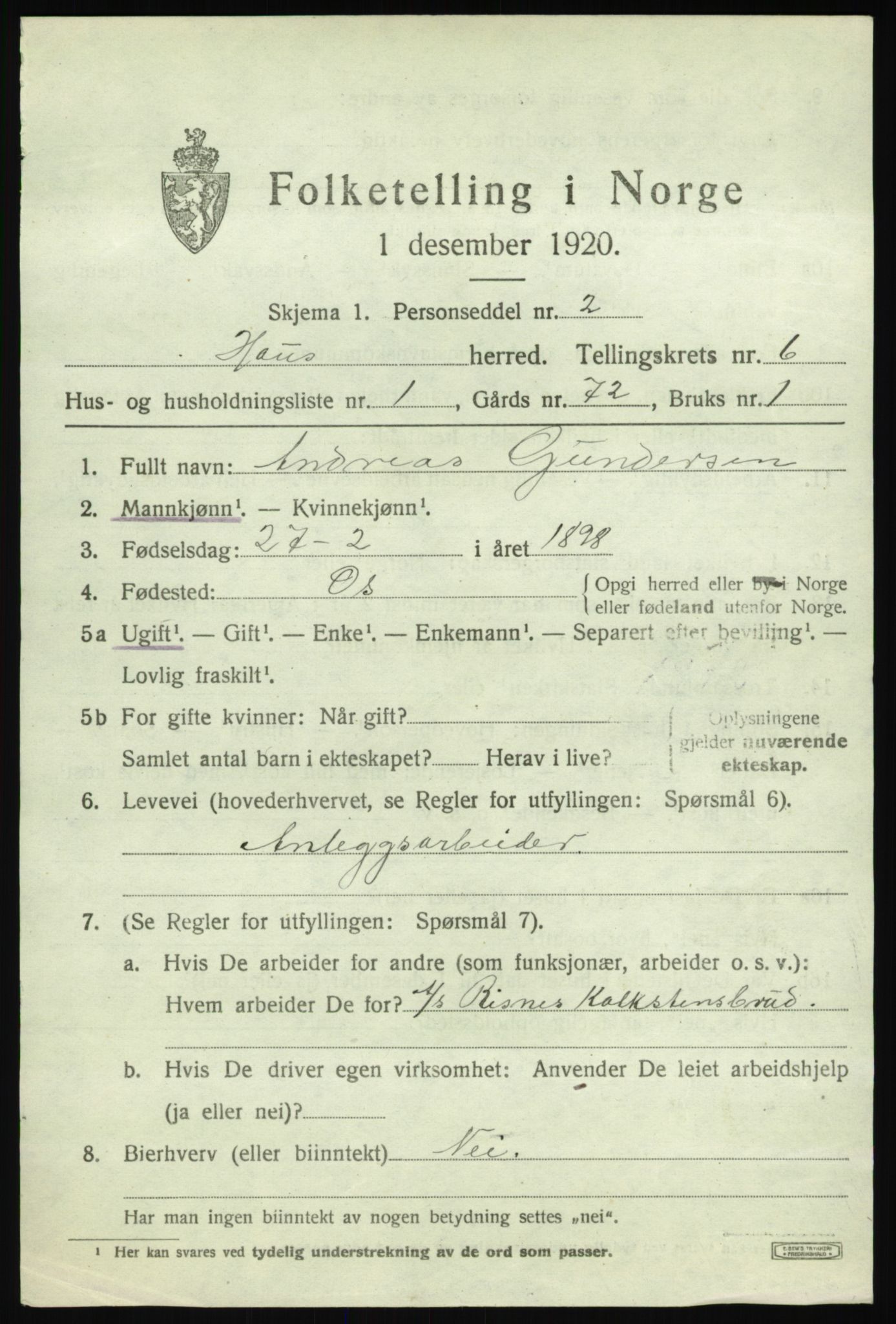 SAB, 1920 census for Haus, 1920, p. 3795