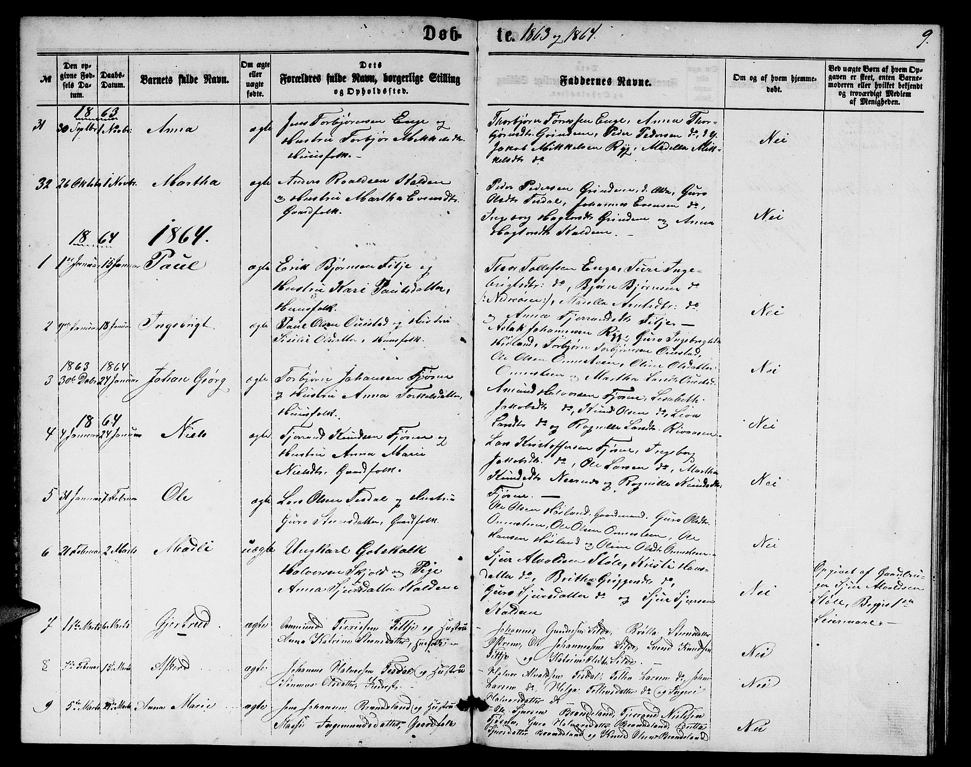 Etne sokneprestembete, SAB/A-75001/H/Hab: Parish register (copy) no. A 3, 1863-1873, p. 9