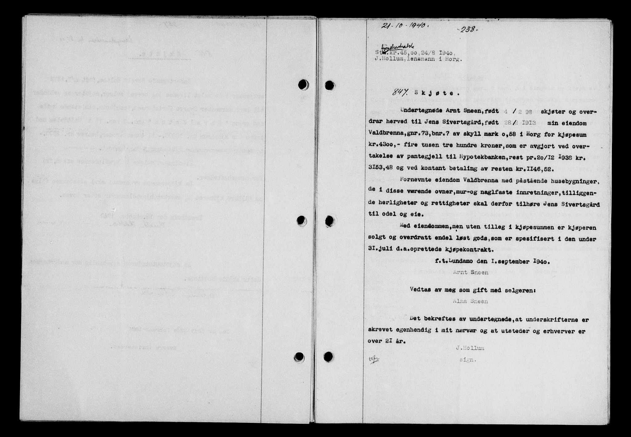 Gauldal sorenskriveri, SAT/A-0014/1/2/2C/L0052: Mortgage book no. 57, 1940-1941, Diary no: : 847/1940