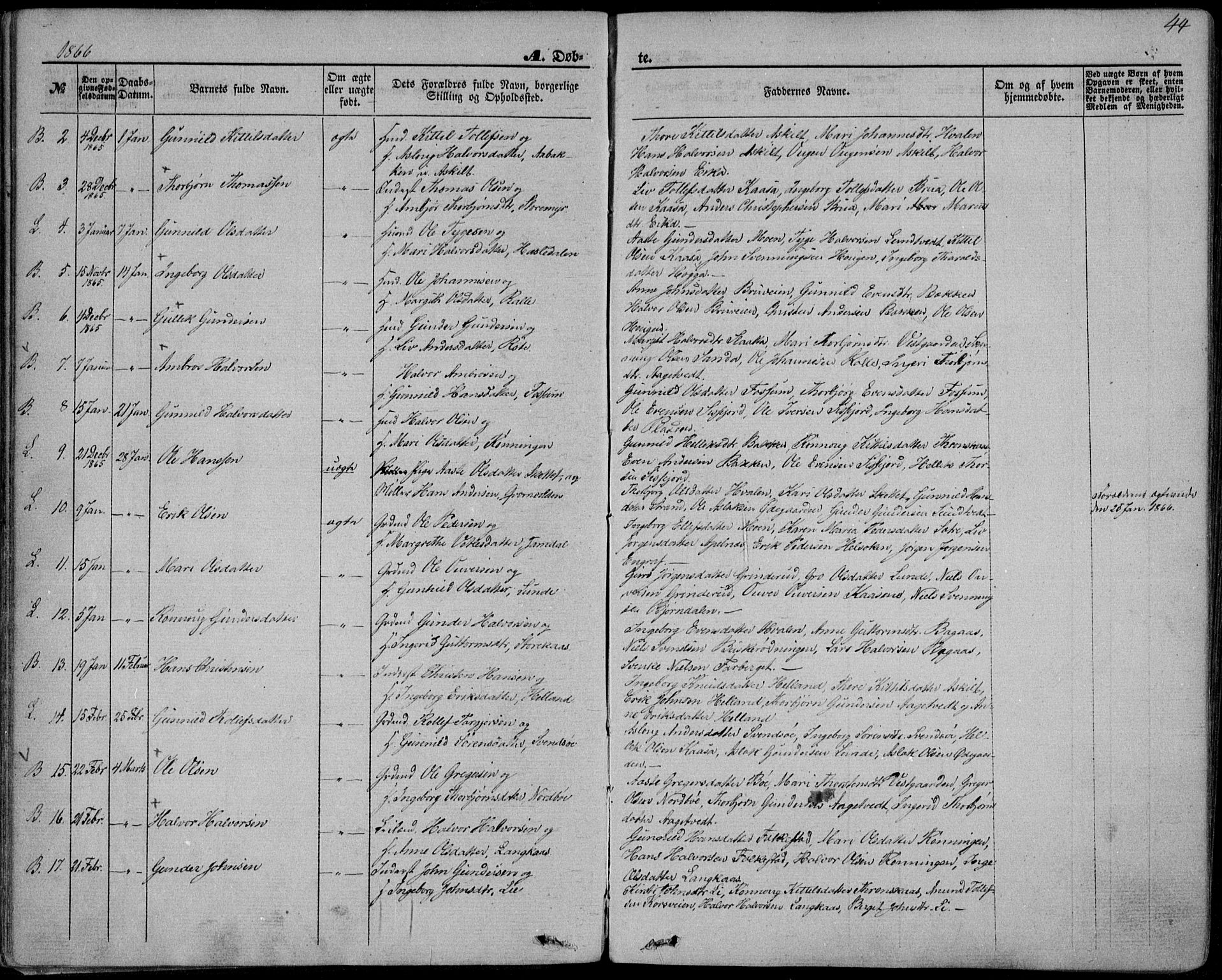 Bø kirkebøker, SAKO/A-257/F/Fa/L0009: Parish register (official) no. 9, 1862-1879, p. 44
