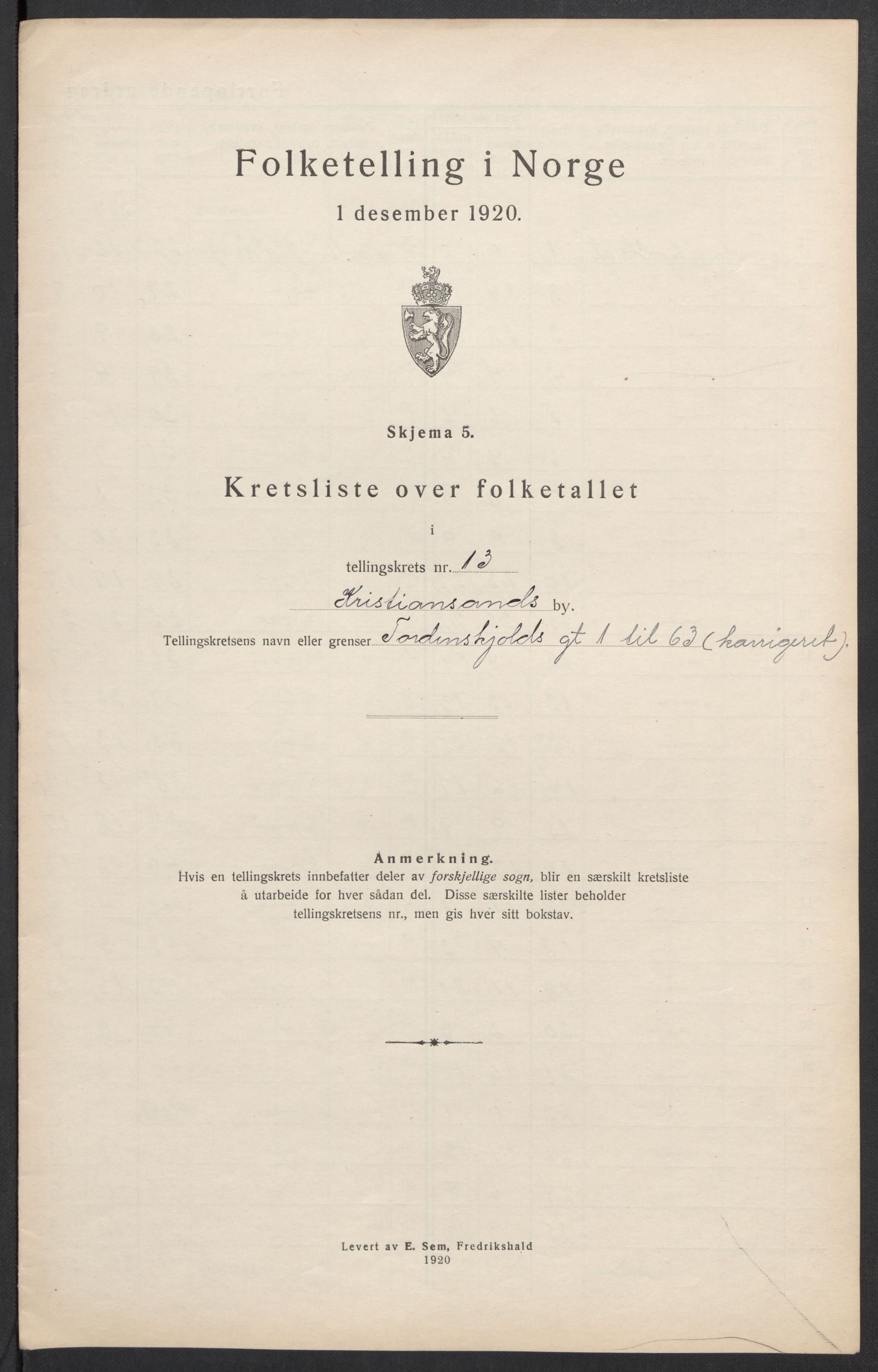 SAK, 1920 census for Kristiansand, 1920, p. 125