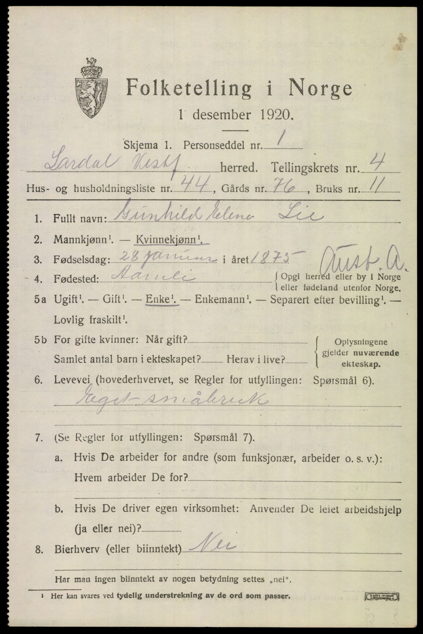 SAKO, 1920 census for Lardal, 1920, p. 4059