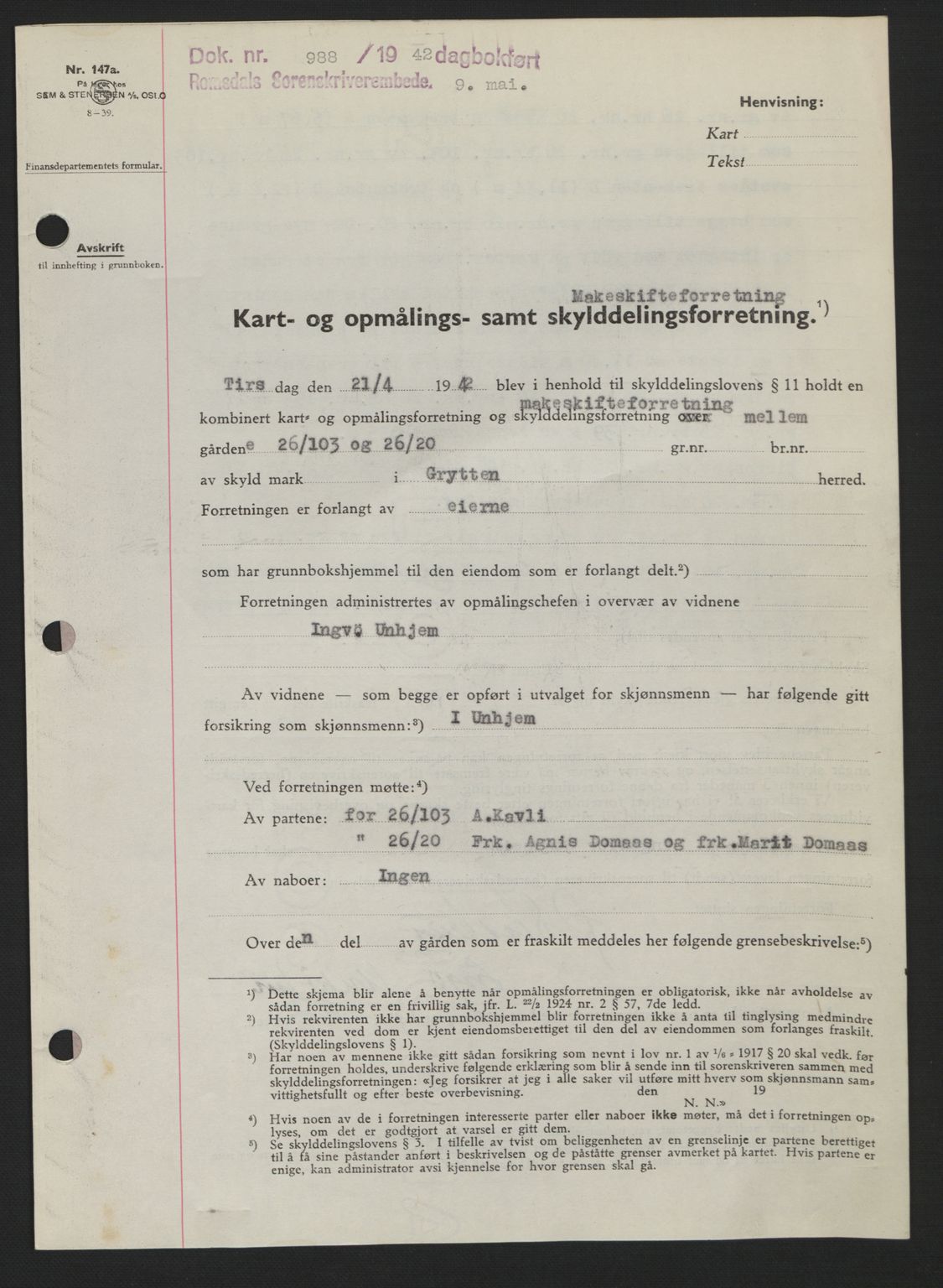 Romsdal sorenskriveri, AV/SAT-A-4149/1/2/2C: Mortgage book no. A12, 1942-1942, Diary no: : 988/1942