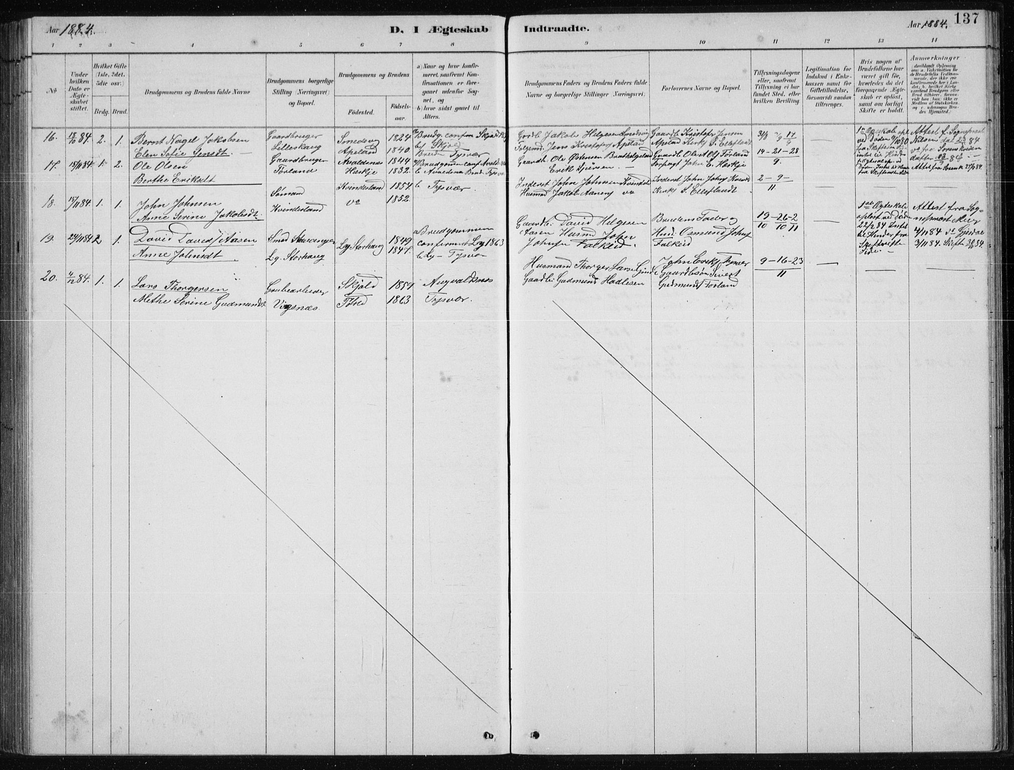 Tysvær sokneprestkontor, AV/SAST-A -101864/H/Ha/Hab/L0004: Parish register (copy) no. B 4, 1883-1896, p. 137