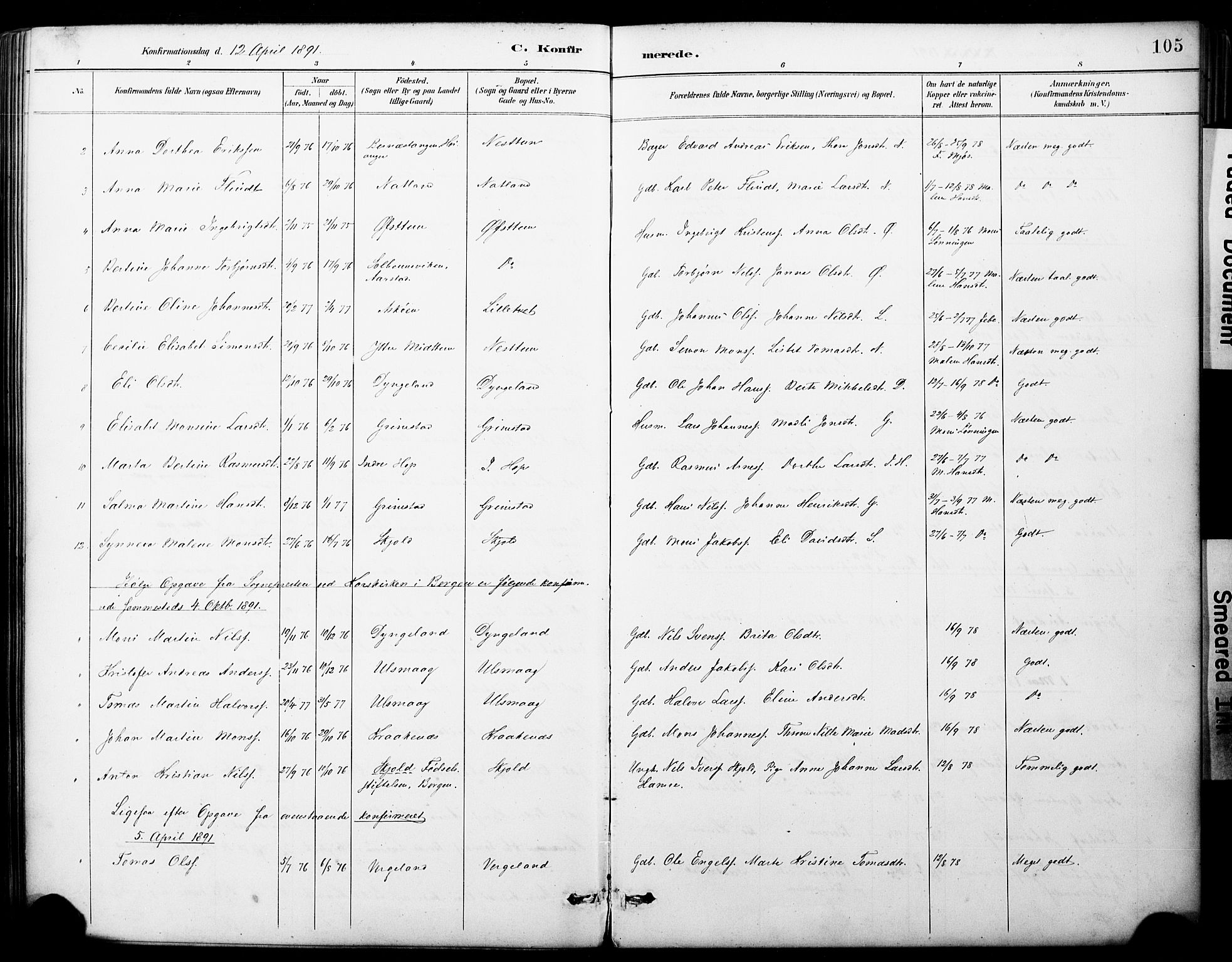 Fana Sokneprestembete, AV/SAB-A-75101/H/Haa/Haai/L0002: Parish register (official) no. I 2, 1888-1899, p. 105