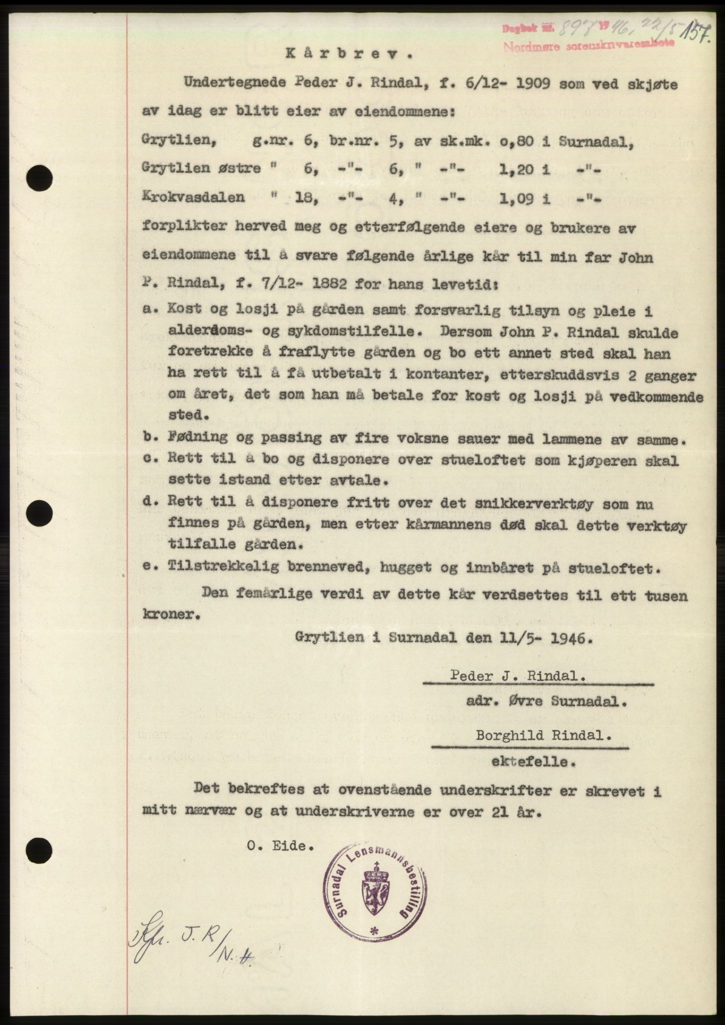 Nordmøre sorenskriveri, AV/SAT-A-4132/1/2/2Ca: Mortgage book no. B94, 1946-1946, Diary no: : 897/1946