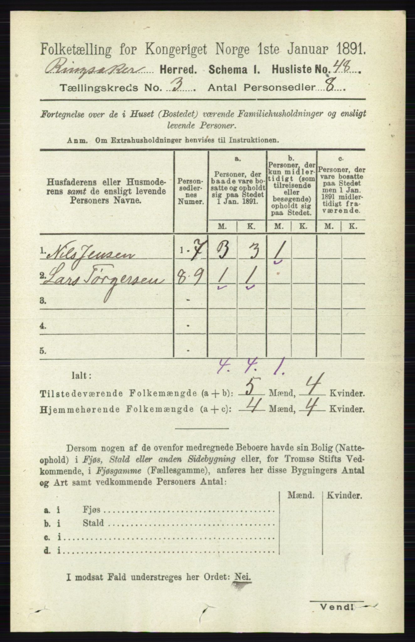RA, 1891 census for 0412 Ringsaker, 1891, p. 1209