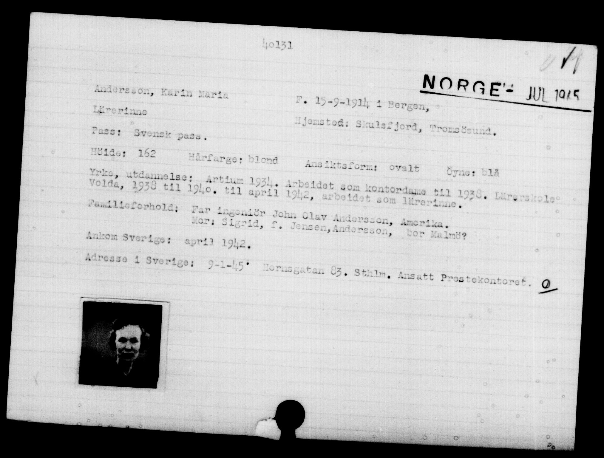 Utenriksstasjonene, Legasjonen i Stockholm, Flyktningkontoret, AV/RA-S-6753/V/Va/L0015: Kjesäterkartoteket, flyktninger med registreringsnr. 37800-40770, 1940-1945, p. 2426