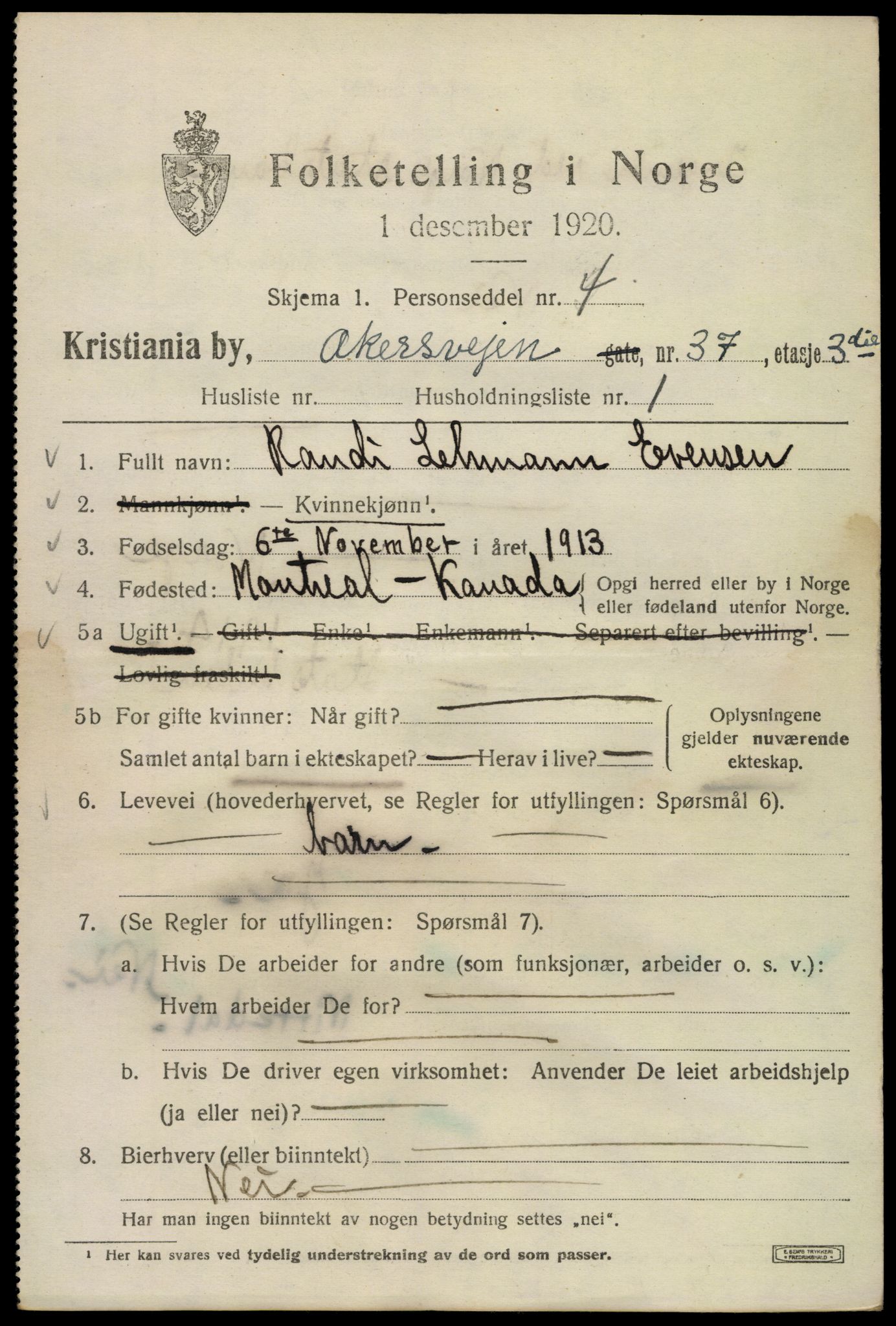 SAO, 1920 census for Kristiania, 1920, p. 140883