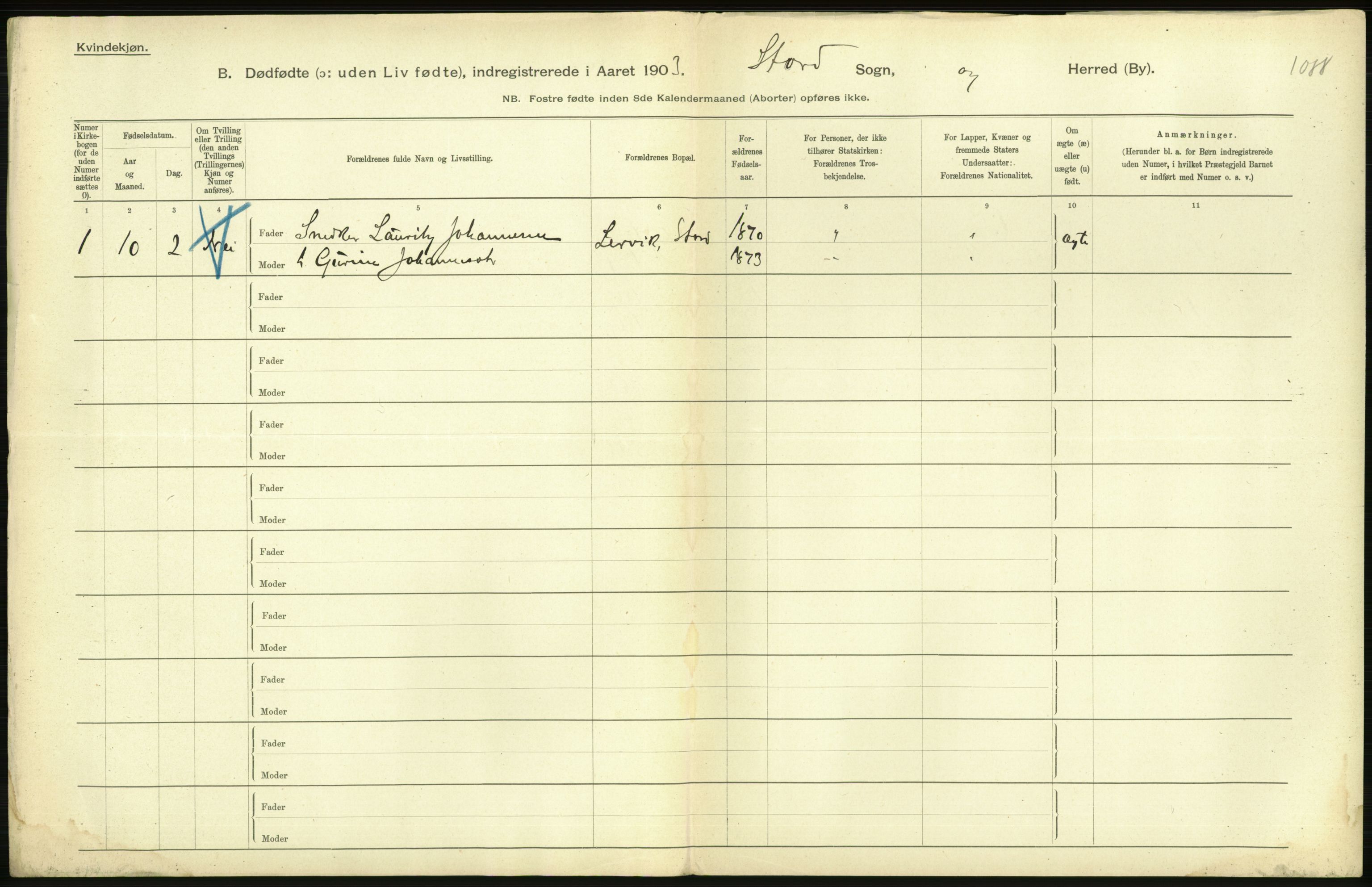 Statistisk sentralbyrå, Sosiodemografiske emner, Befolkning, AV/RA-S-2228/D/Df/Dfa/Dfaa/L0024: Smålenenes - Stavanger amt: Dødfødte. Bygder., 1903, p. 534