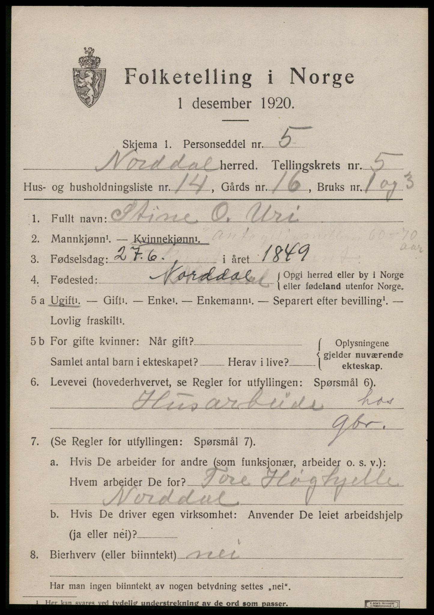 SAT, 1920 census for Norddal, 1920, p. 2977
