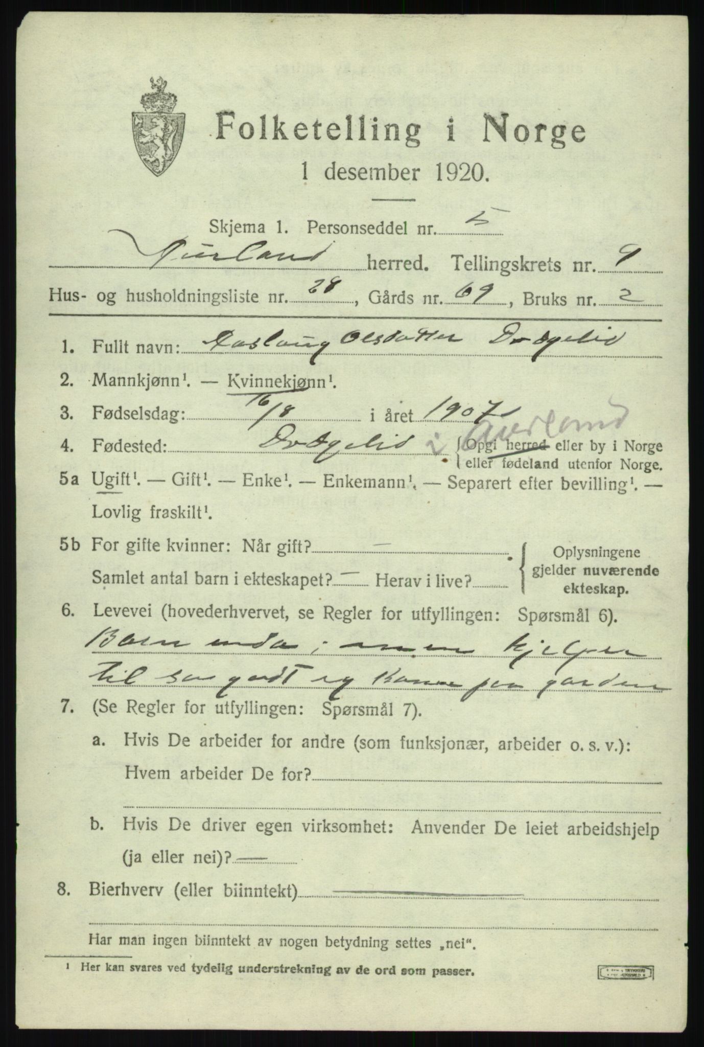 SAB, 1920 census for Aurland, 1920, p. 5026