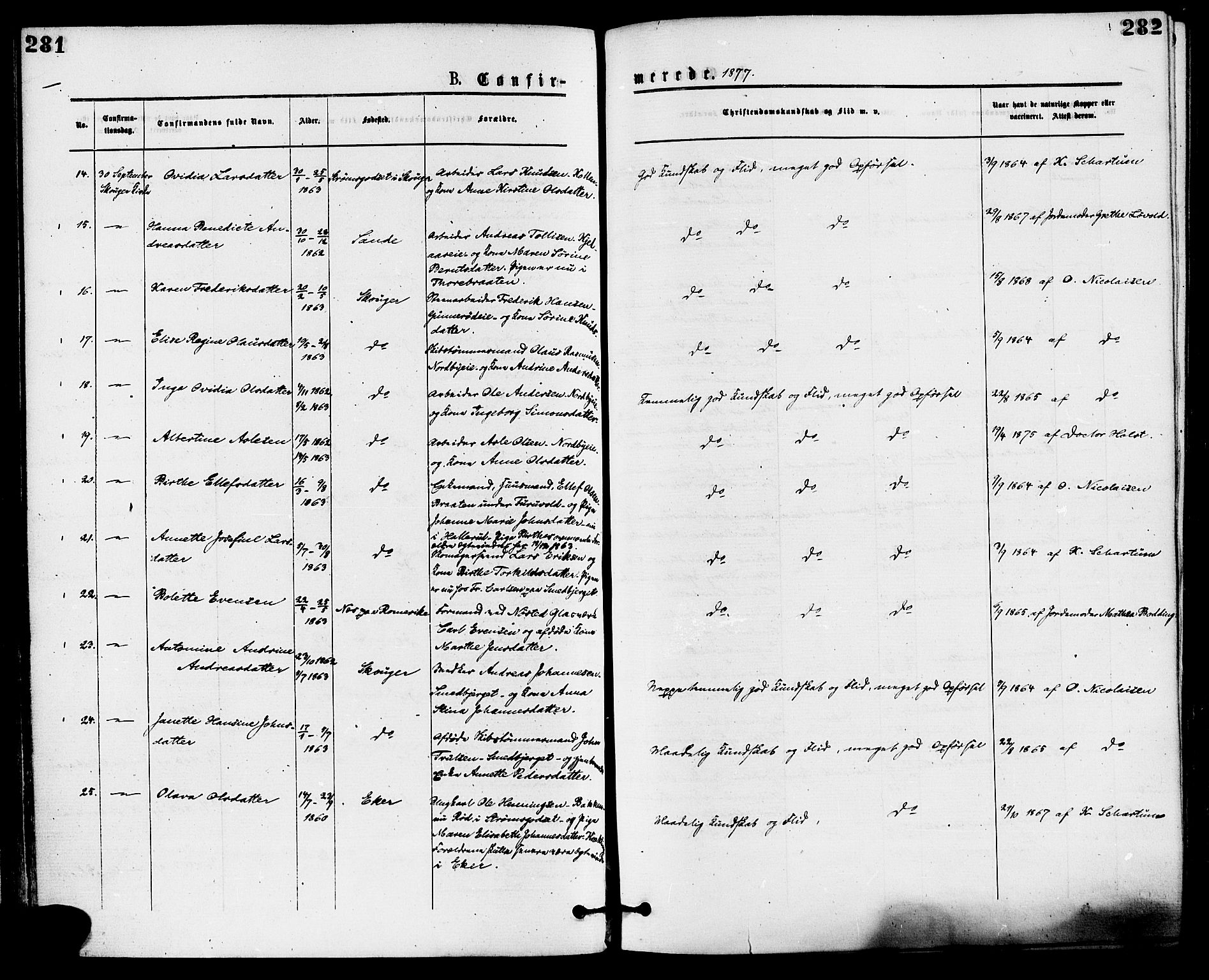 Skoger kirkebøker, AV/SAKO-A-59/F/Fa/L0005: Parish register (official) no. I 5, 1873-1884, p. 281-282