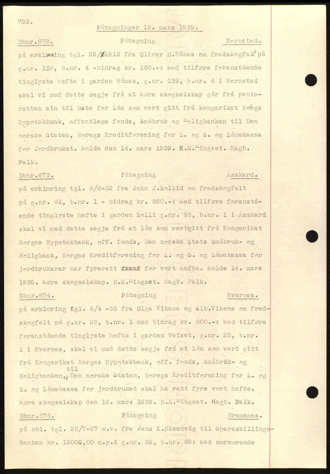 Nordmøre sorenskriveri, AV/SAT-A-4132/1/2/2Ca: Mortgage book no. C80, 1936-1939, Diary no: : 672/1939