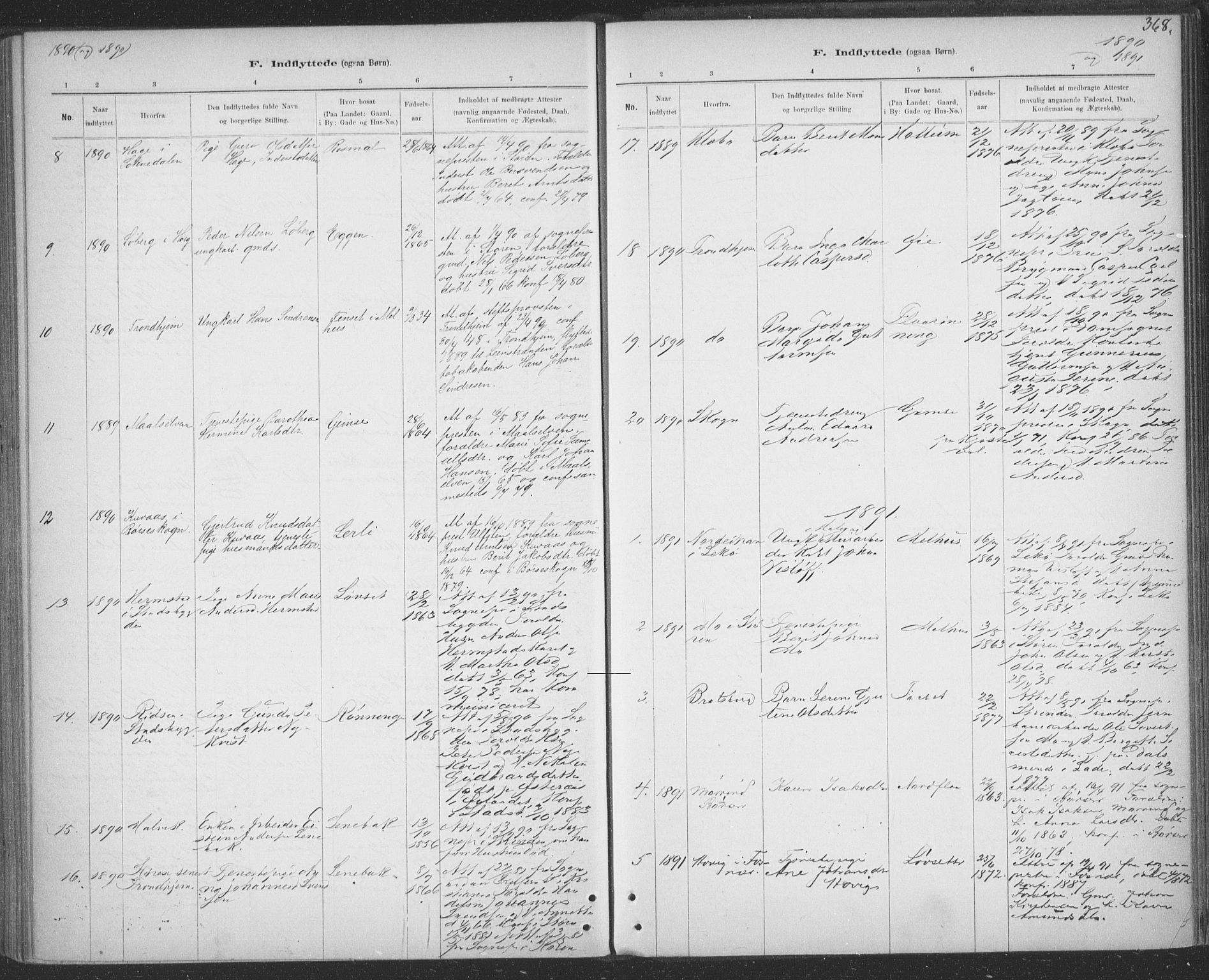 Ministerialprotokoller, klokkerbøker og fødselsregistre - Sør-Trøndelag, SAT/A-1456/691/L1085: Parish register (official) no. 691A17, 1887-1908, p. 368