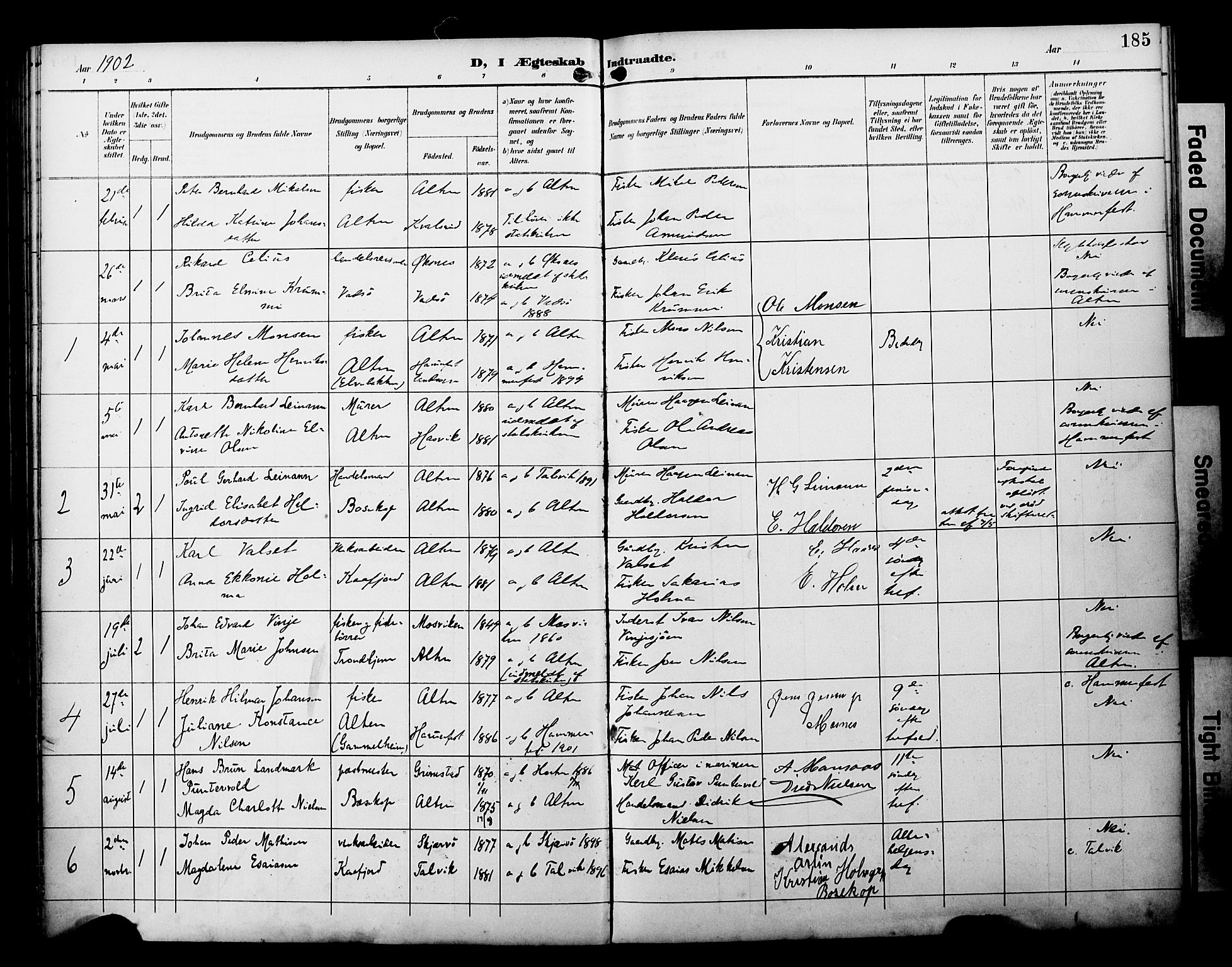 Alta sokneprestkontor, AV/SATØ-S-1338/H/Ha/L0003.kirke: Parish register (official) no. 3, 1892-1904, p. 185
